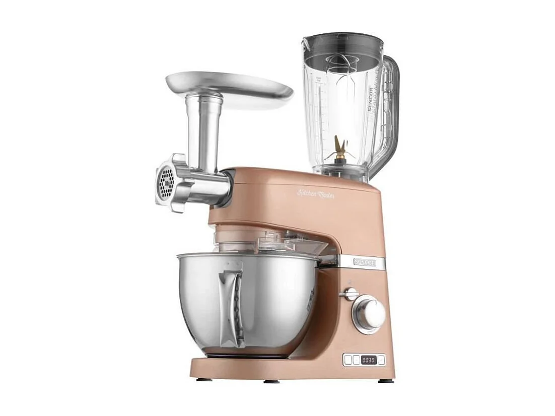 Robot de repostería Sencor STM 7876GD 1000W, bol de acero inoxidable 4,5L, 8 velocidades, pantalla LED, accesorios multifuncionales dorados