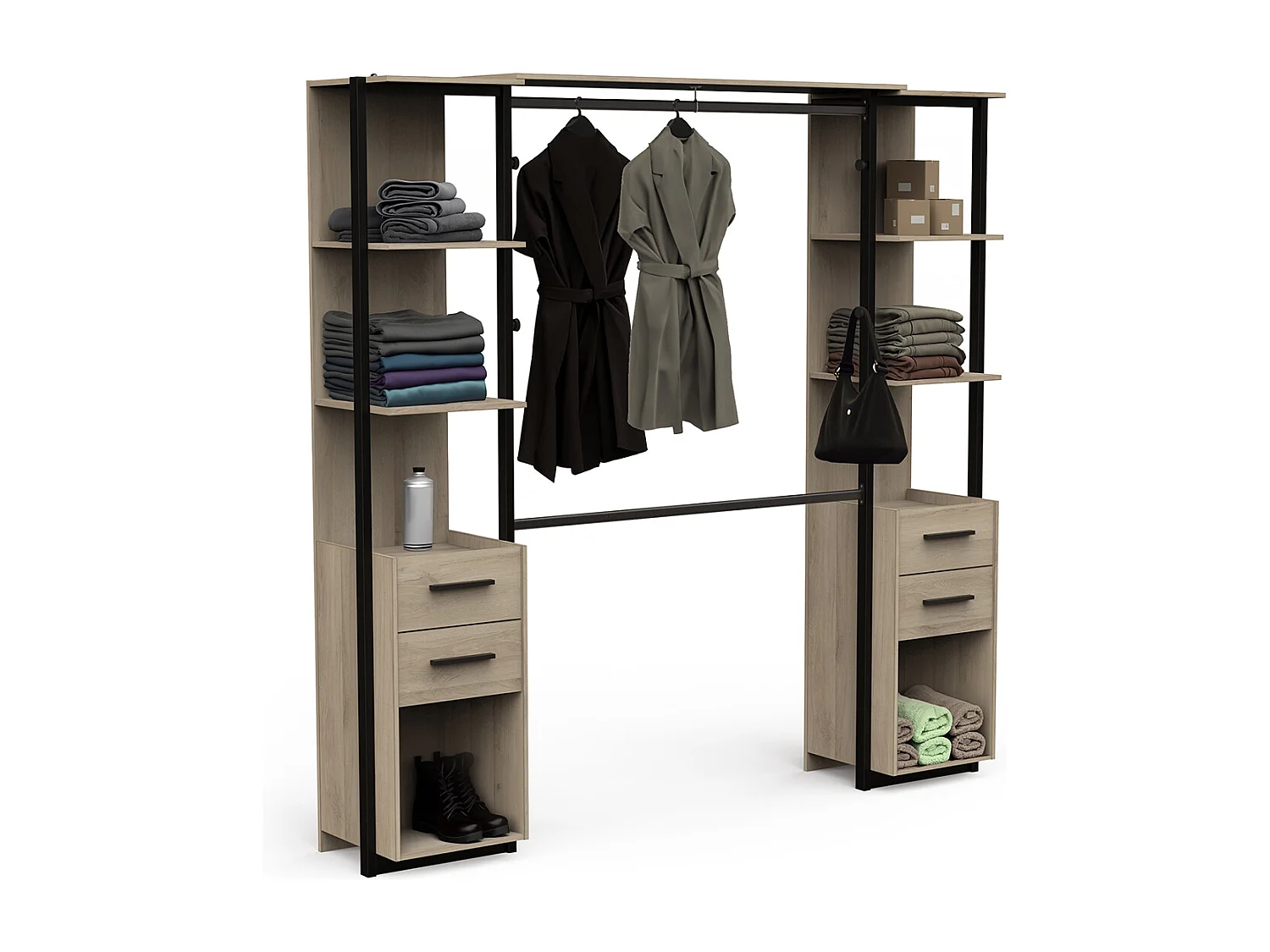 Kit dressing 2 colonnes avec penderie couleur chêne / noit mat - Largeur 210 x Profondeur 41,5 x Hauteur 204,4 cm