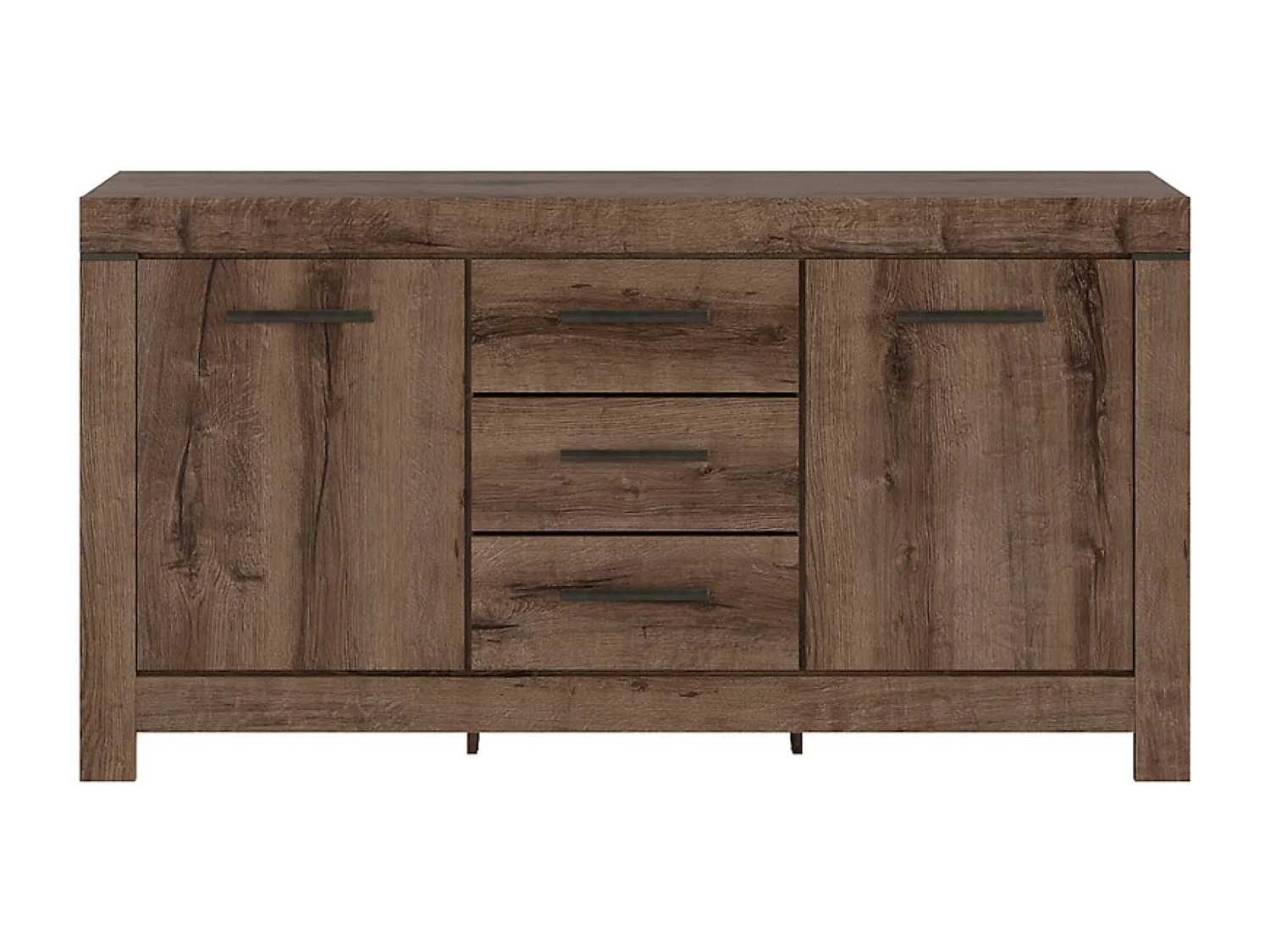 Commode Buffet à 2 portes et 3 tiroirs, coloris Chêne marron foncé - Longueur 160 x Profondeur 45 x Hauteur 85 cm