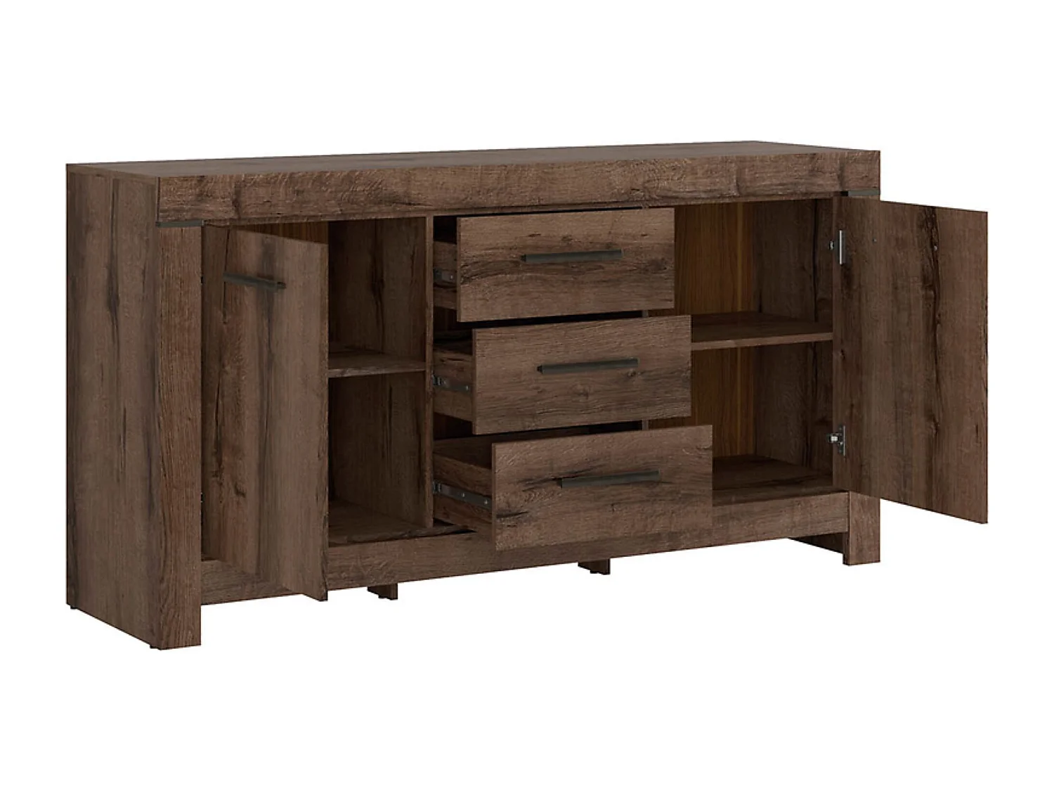 Commode Buffet à 2 portes et 3 tiroirs, coloris Chêne marron foncé - Longueur 160 x Profondeur 45 x Hauteur 85 cm