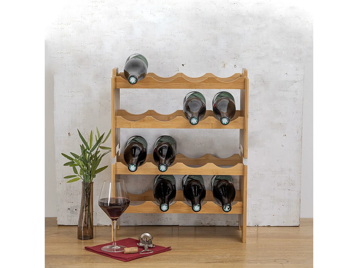 Etagère casier à bouteilles empilables avec 8 emplacements en bambou coloris naturel - Longueur 46 x Profondeur 24,5 x Hauteur 29,5 cm