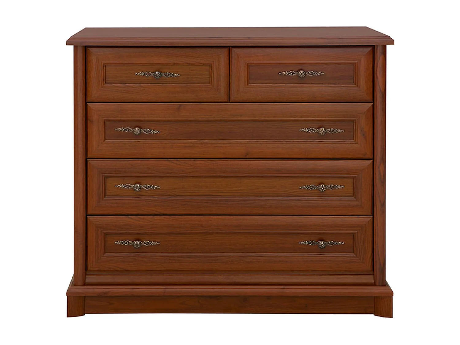 Commode meuble de rangement à 5 tiroirs, couleur châtaigne - Longueur 101 x Profondeur 45 x Hauteur 90,5 cm