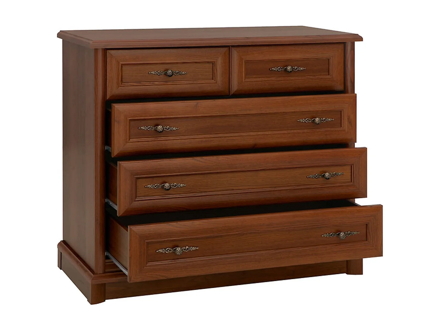 Commode meuble de rangement à 5 tiroirs, couleur châtaigne - Longueur 101 x Profondeur 45 x Hauteur 90,5 cm