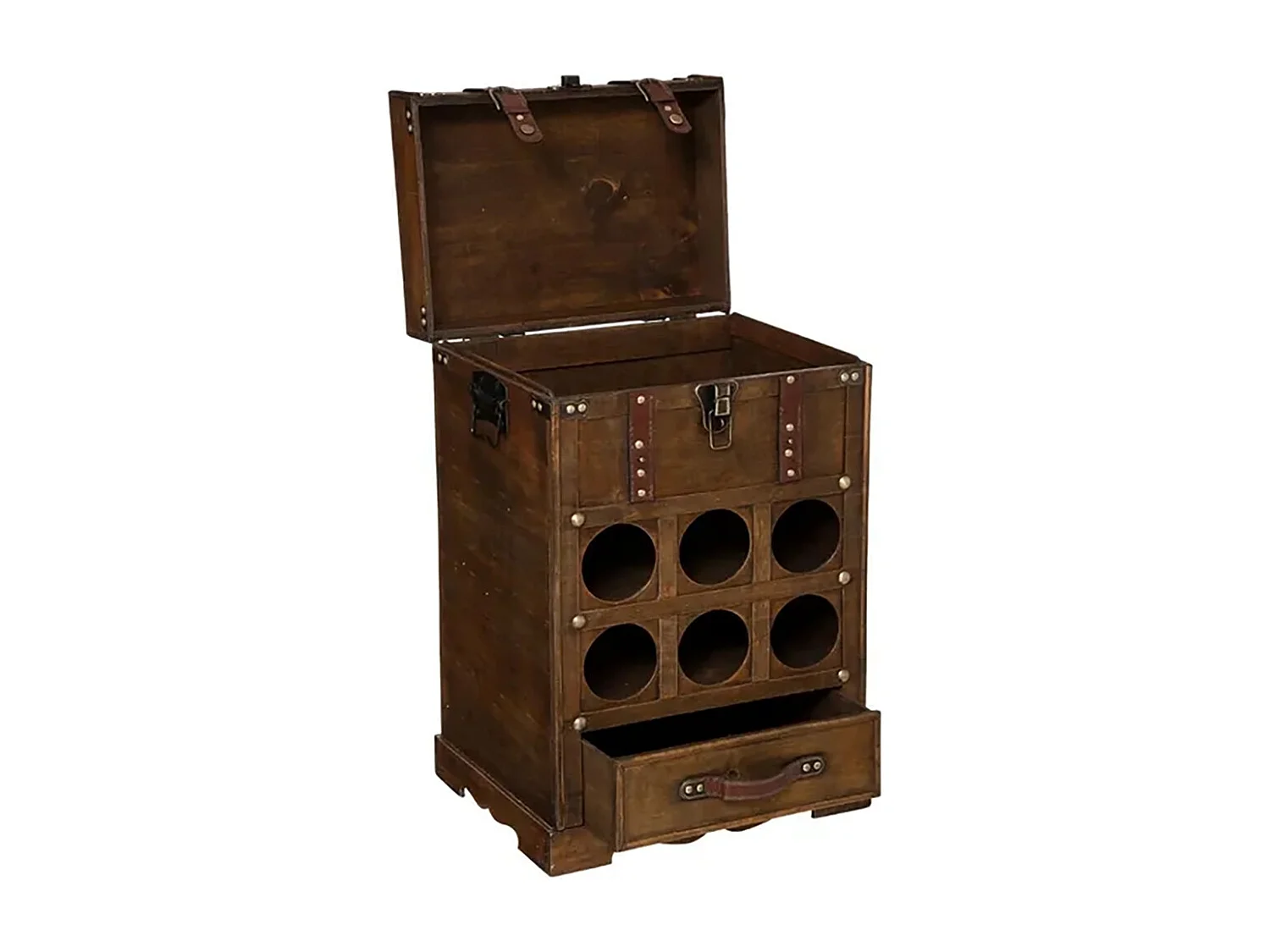 Coffre porte bouteilles avec 6 emplacements et un tiroir, coloris marron foncé - Longueur 58,5 x Profondeur 38,5 x Hauteur 28 cm