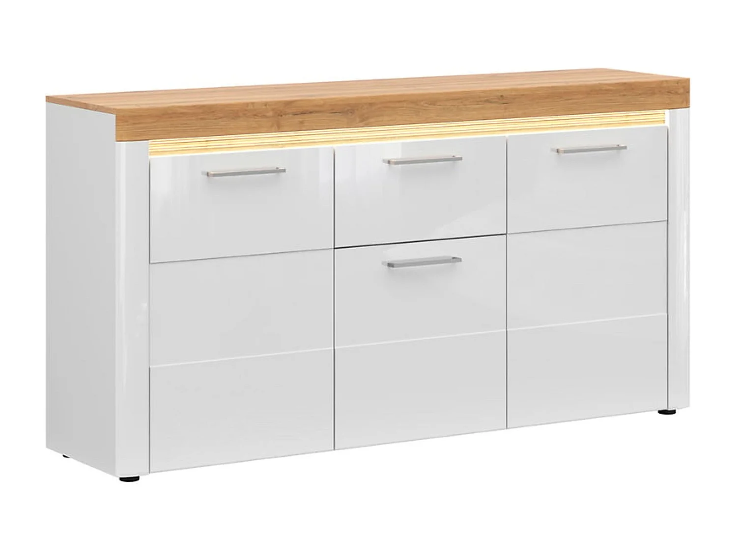 Commode Buffet à 3 portes et 1 tiroir avec éclairage LED coloris Chêne doré/Blanc haute brillance - Longueur 170 x Profondeur 42 x Hauteur 90 cm