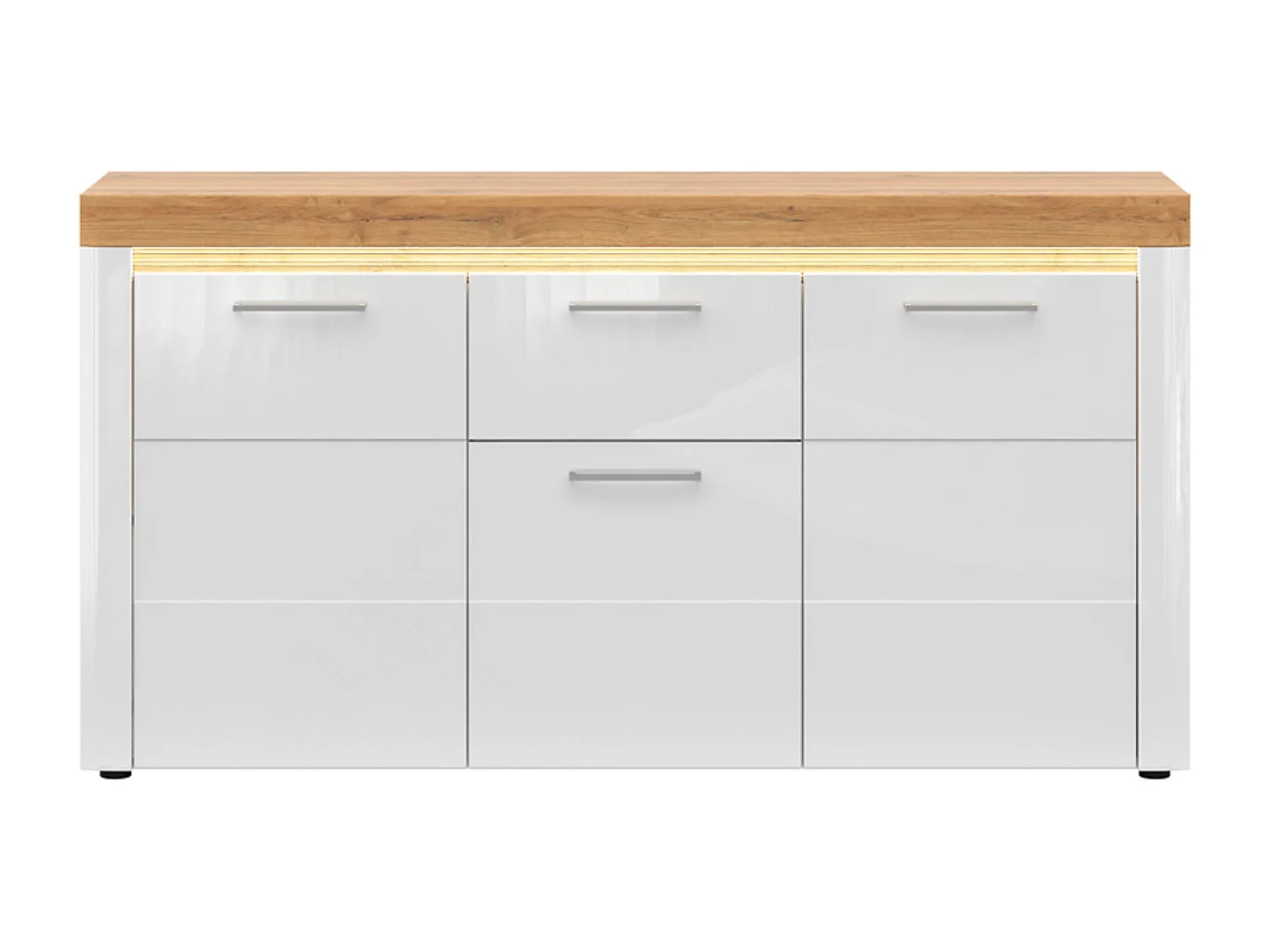 Commode Buffet à 3 portes et 1 tiroir avec éclairage LED coloris Chêne doré/Blanc haute brillance - Longueur 170 x Profondeur 42 x Hauteur 90 cm
