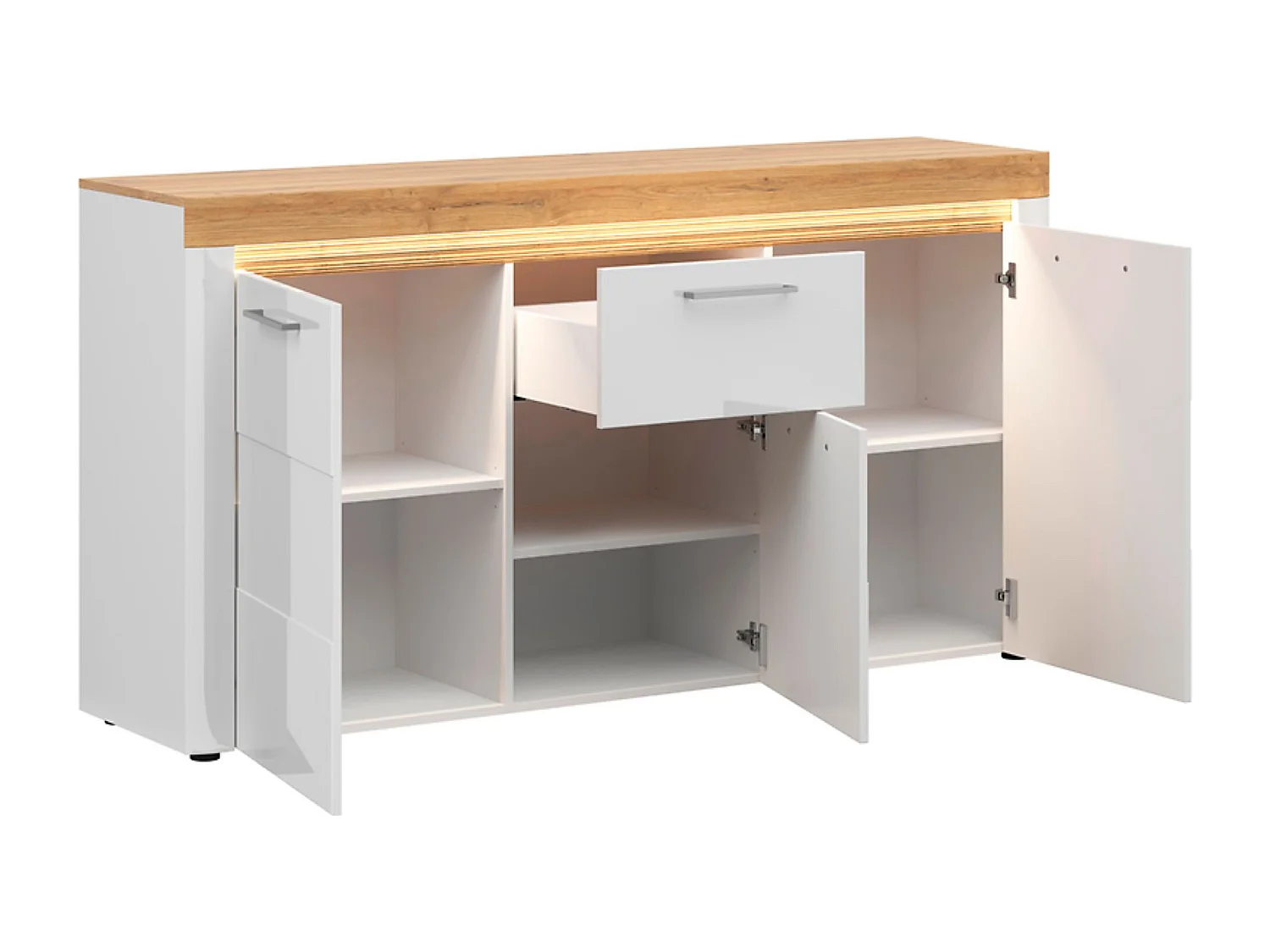 Commode Buffet à 3 portes et 1 tiroir avec éclairage LED coloris Chêne doré/Blanc haute brillance - Longueur 170 x Profondeur 42 x Hauteur 90 cm