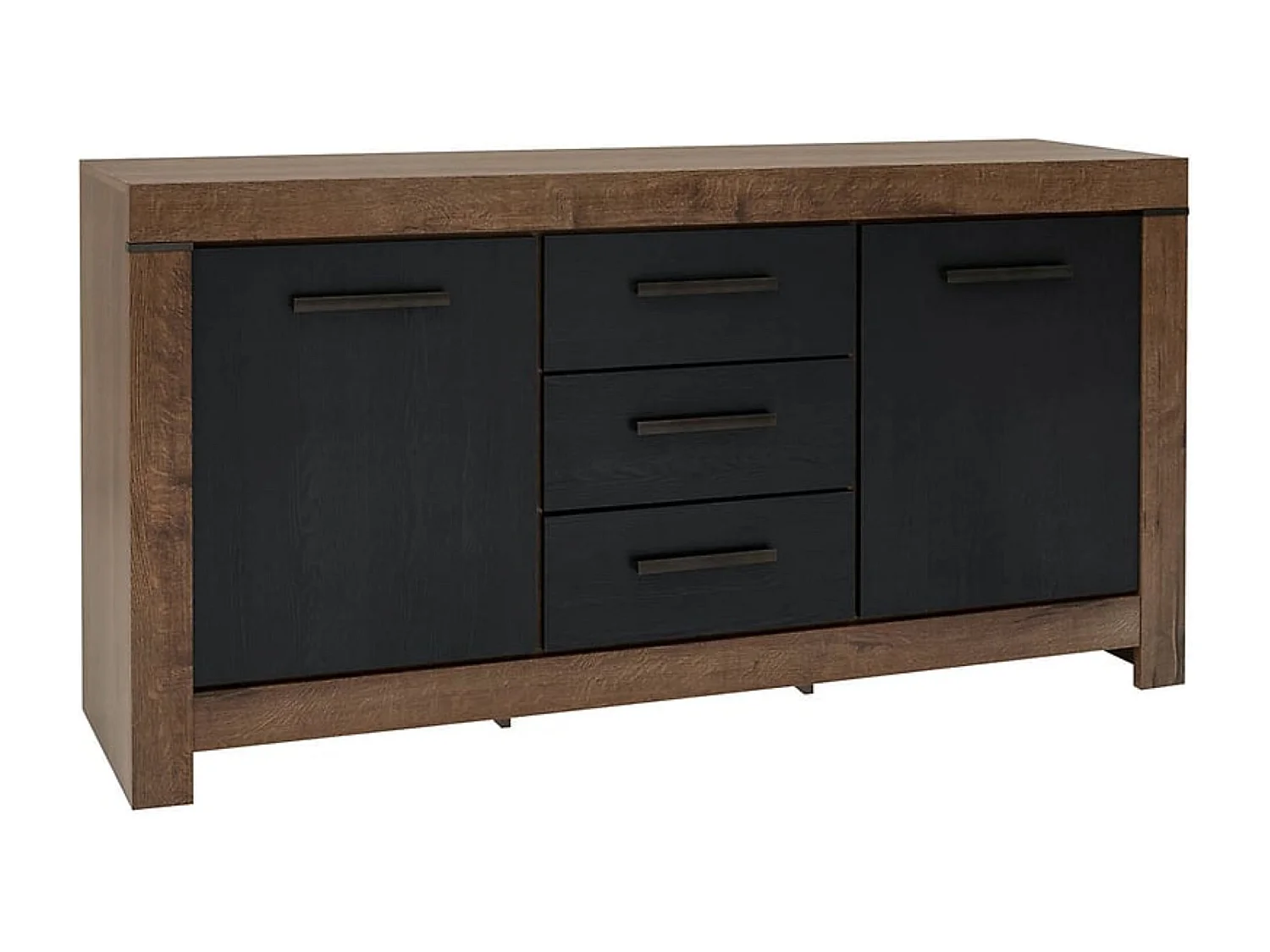 Commode Buffet à 2 portes et 3 tiroirs, coloris Chêne marron foncé/Chêne noir - Longueur 160 x Profondeur 45 x Hauteur 85 cm