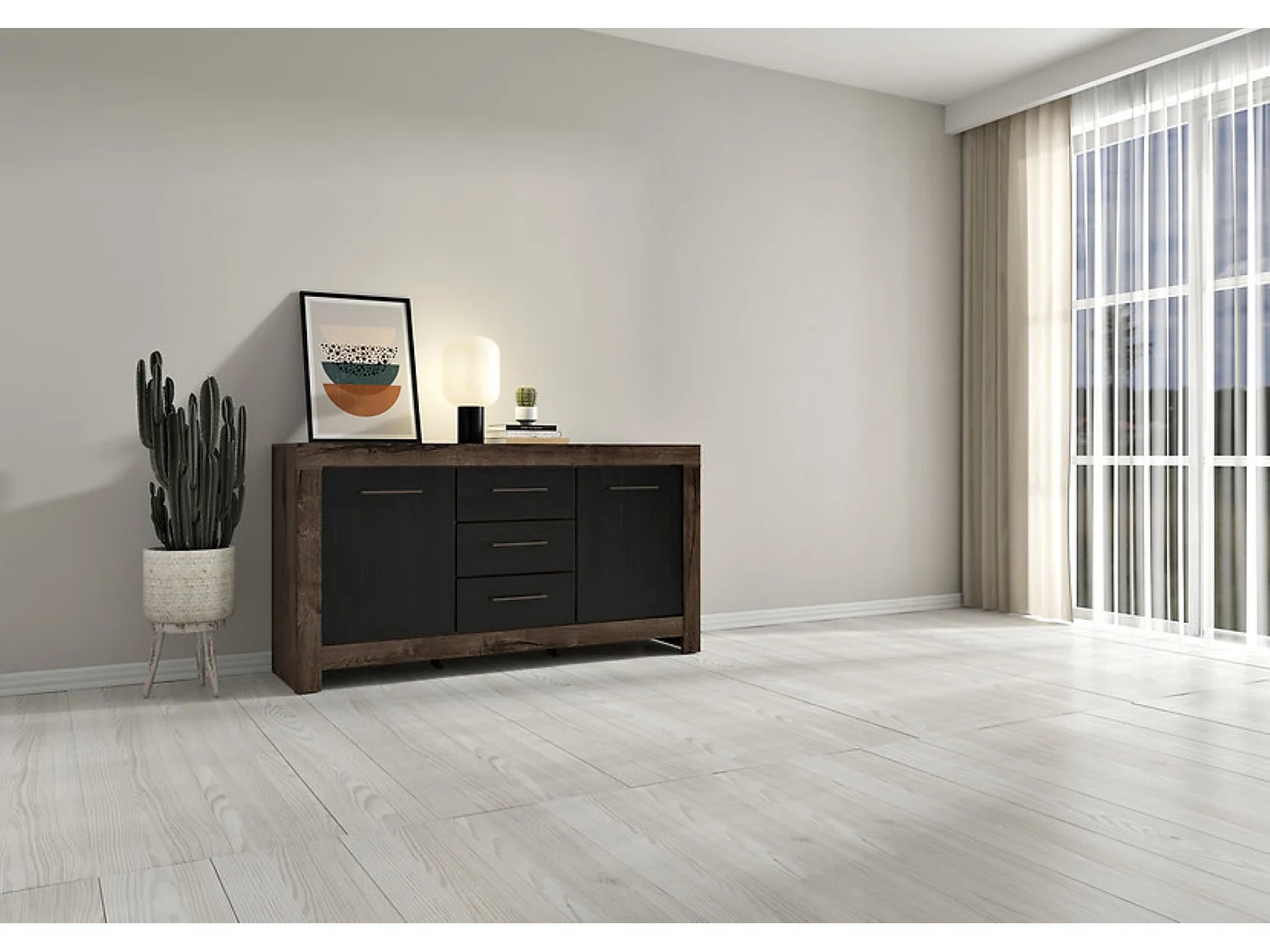 Commode Buffet à 2 portes et 3 tiroirs, coloris Chêne marron foncé/Chêne noir - Longueur 160 x Profondeur 45 x Hauteur 85 cm