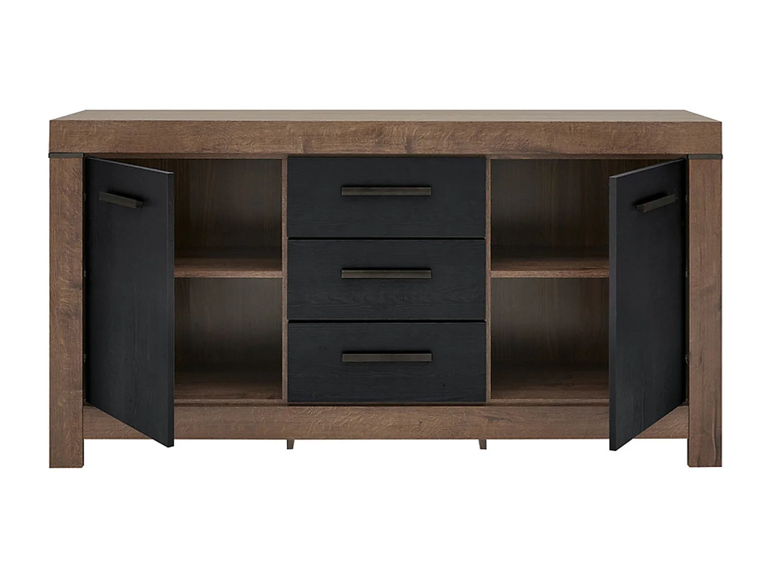 Commode Buffet à 2 portes et 3 tiroirs, coloris Chêne marron foncé/Chêne noir - Longueur 160 x Profondeur 45 x Hauteur 85 cm