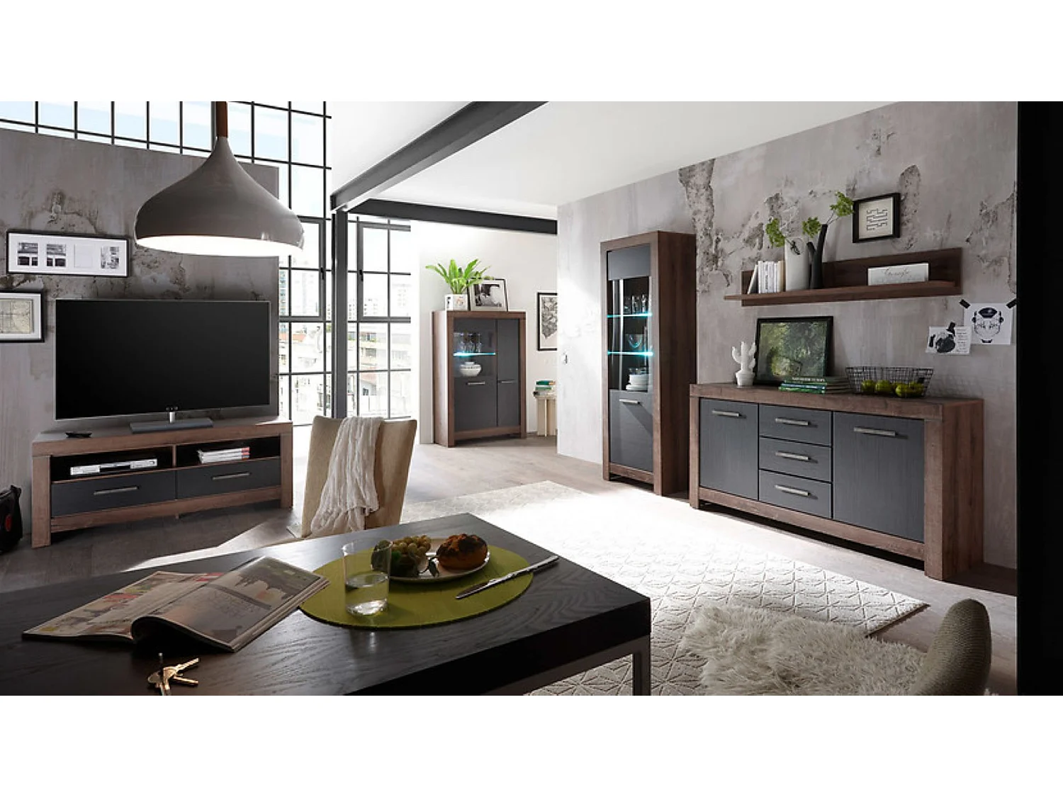 Commode Buffet à 2 portes et 3 tiroirs, coloris Chêne marron foncé/Chêne noir - Longueur 160 x Profondeur 45 x Hauteur 85 cm