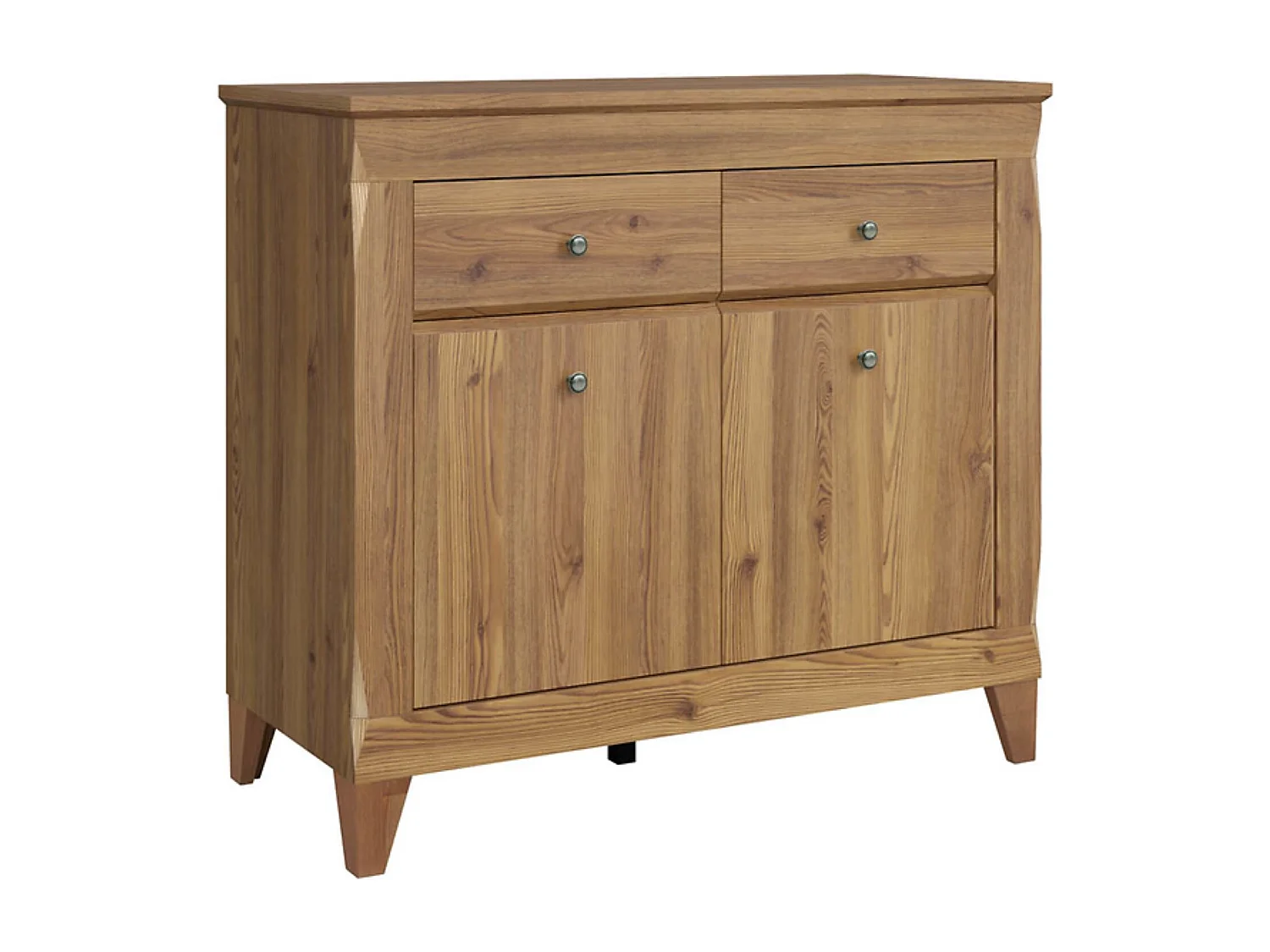 Commode meuble de rangement à 2 portes et 2 tiroirs à fermeture soft-close coloris Mélèze doré - Longueur 110 x Profondeur 47 x Hauteur 98 cm