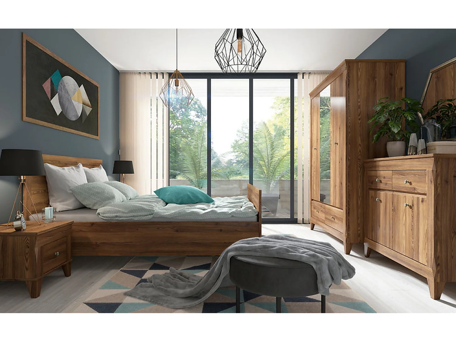 Commode meuble de rangement à 2 portes et 2 tiroirs à fermeture soft-close coloris Mélèze doré - Longueur 110 x Profondeur 47 x Hauteur 98 cm