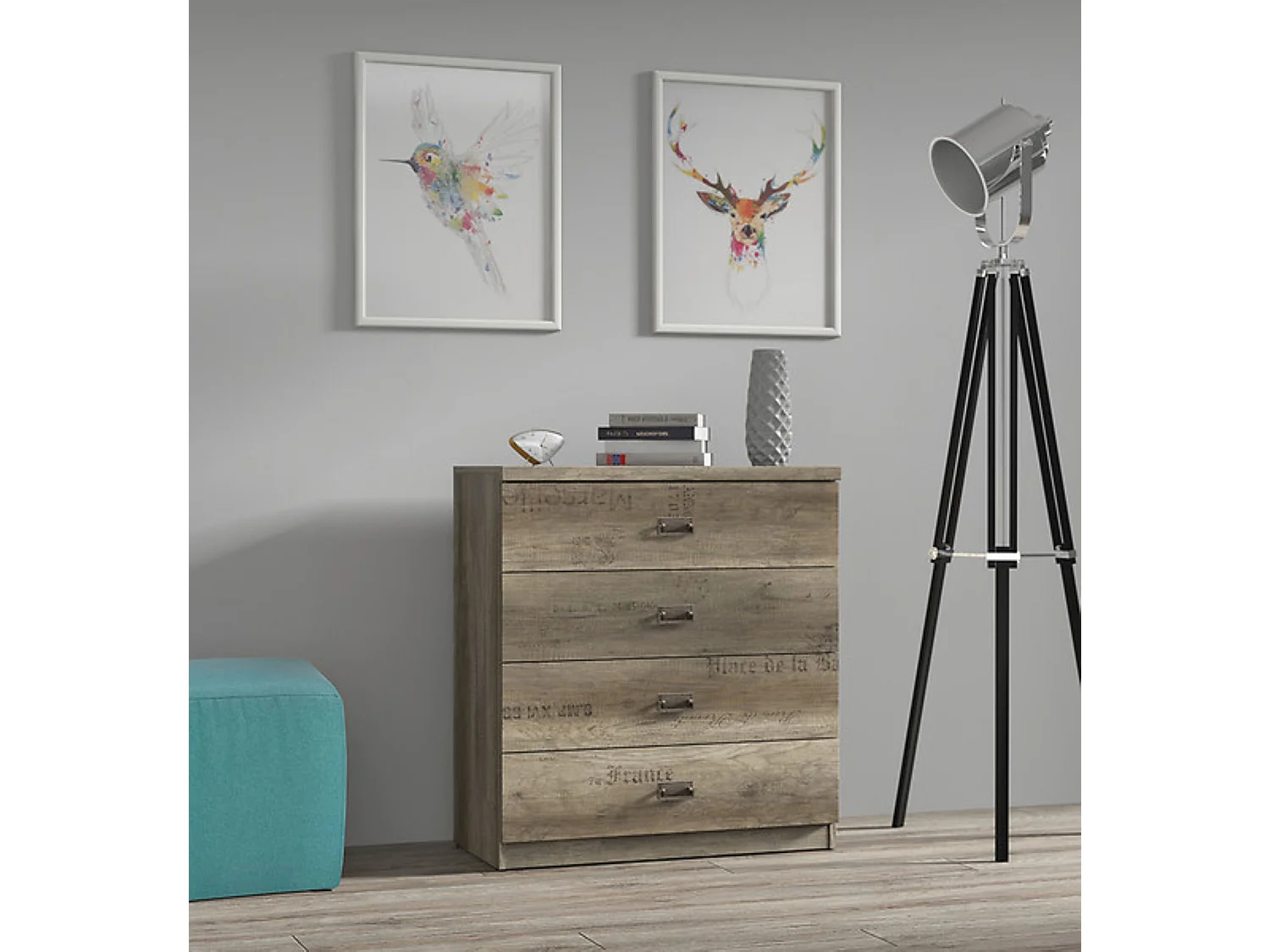 Commode à 4 tiroirs coulissantes coloris Chêne/Gris motif écriture - Longueur 80 x Profondeur 40 x Hauteur 87,5 cm