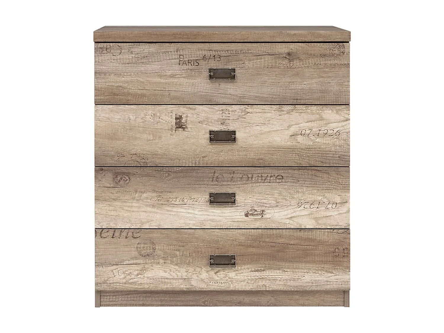 Commode à 4 tiroirs coulissantes coloris Chêne/Gris motif écriture - Longueur 80 x Profondeur 40 x Hauteur 87,5 cm
