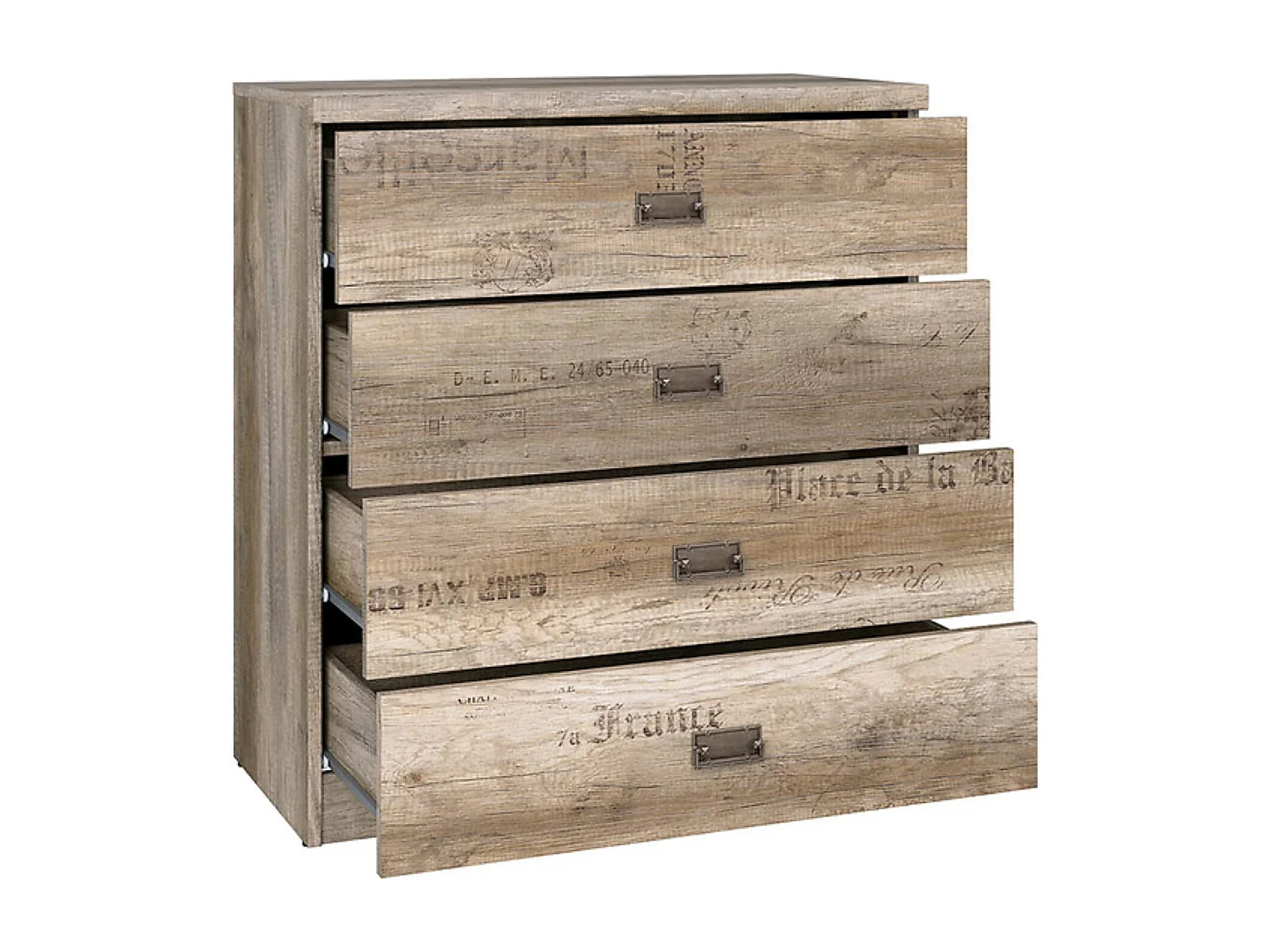 Commode à 4 tiroirs coulissantes coloris Chêne/Gris motif écriture - Longueur 80 x Profondeur 40 x Hauteur 87,5 cm