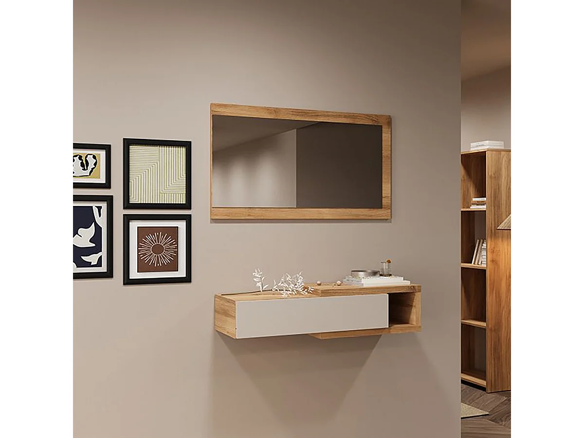 Console meuble d'entrée avec 1 tiroir et miroir coloris Beige/chêne Mauvella - Longueur 91,5 x Hauteur 70 x Profondeur 26 cm