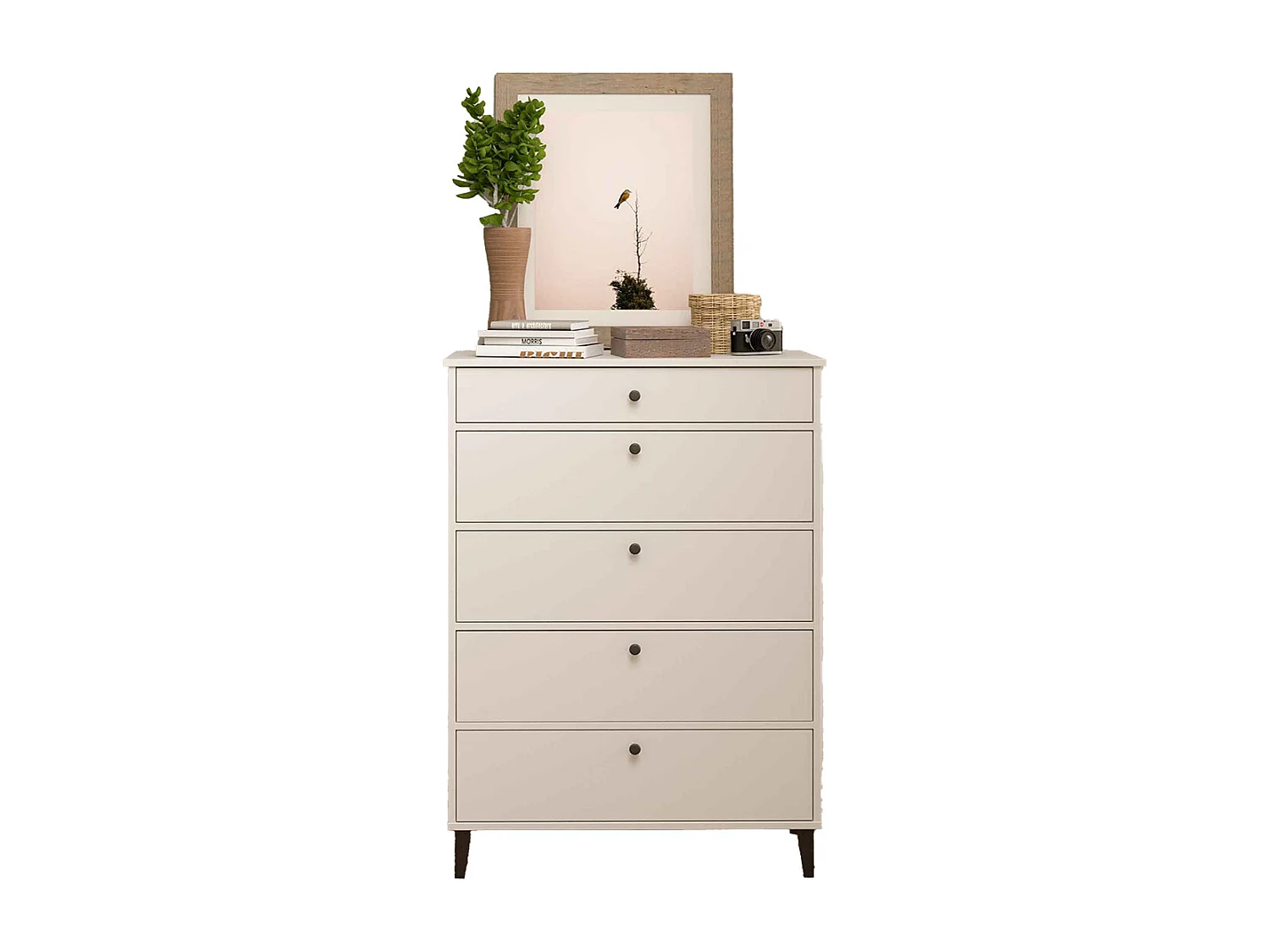 Commode Chiffonnier Meuble de rangement avec 5 tiroirs coloris Blanc - Hauteur 115 x Longueur 82 x profondeur 48 cm