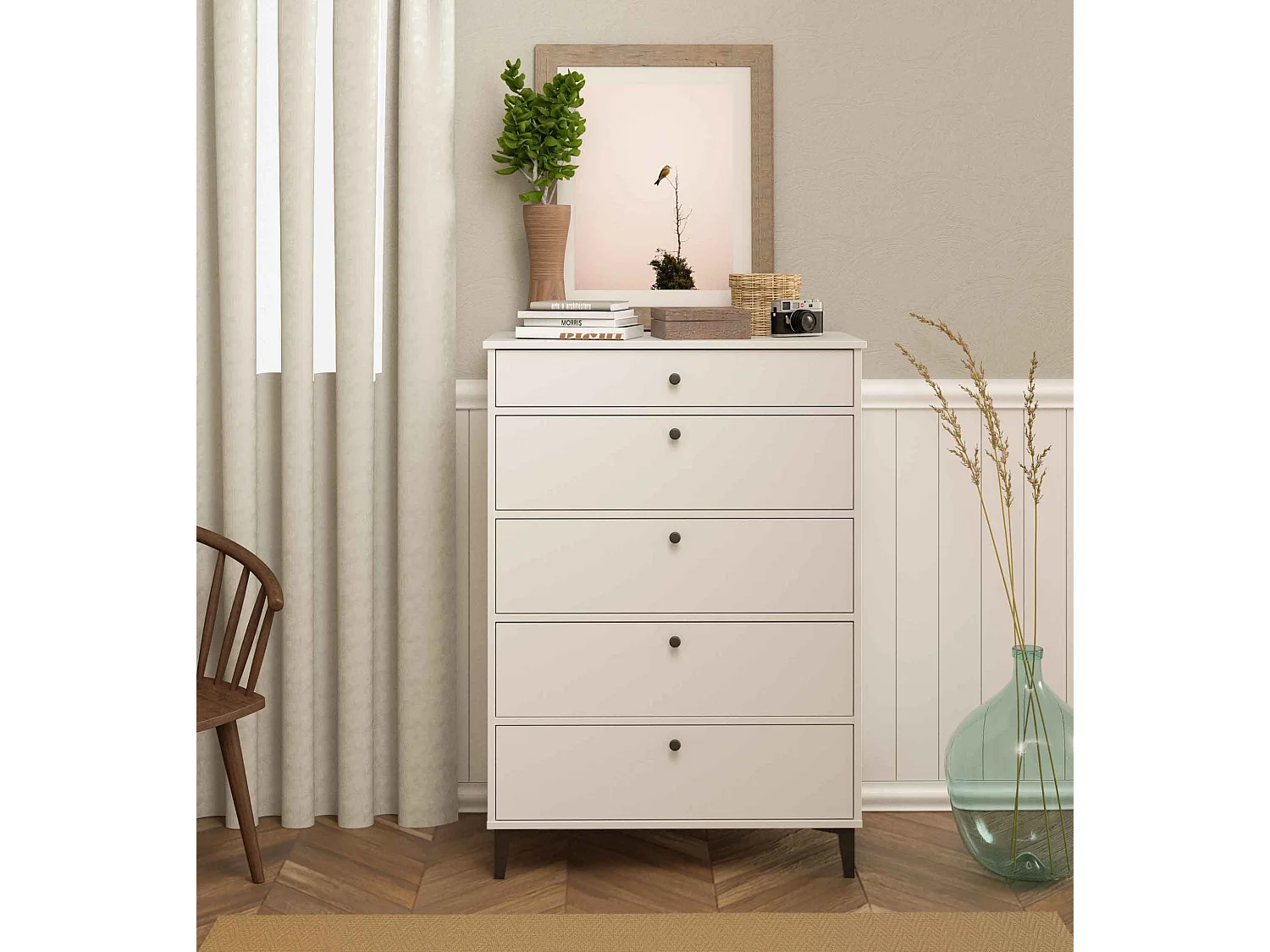 Commode Chiffonnier Meuble de rangement avec 5 tiroirs coloris Blanc - Hauteur 115 x Longueur 82 x profondeur 48 cm