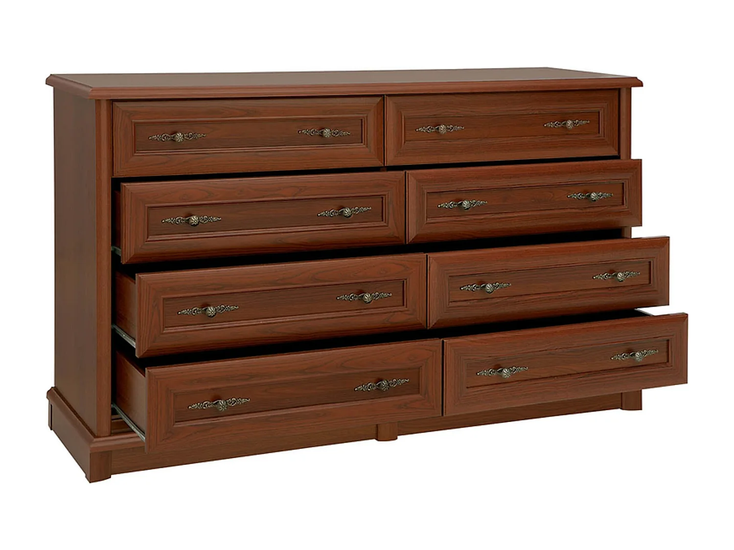 Commode buffet meuble de rangement à 8 tiroirs, couleur châtaigne - Longueur 153,5 x Profondeur 45 x Hauteur 90,5 cm