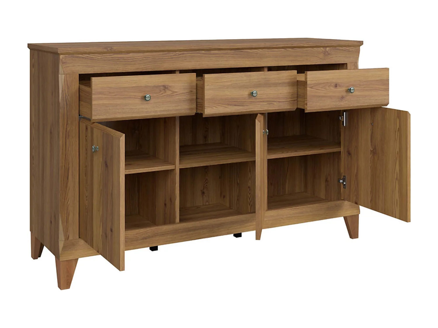 Commode meuble de rangement à 3 portes et 3 tiroirs à fermeture soft-close coloris Mélèze doré - Longueur 156 x Profondeur 47 x Hauteur 98 cm