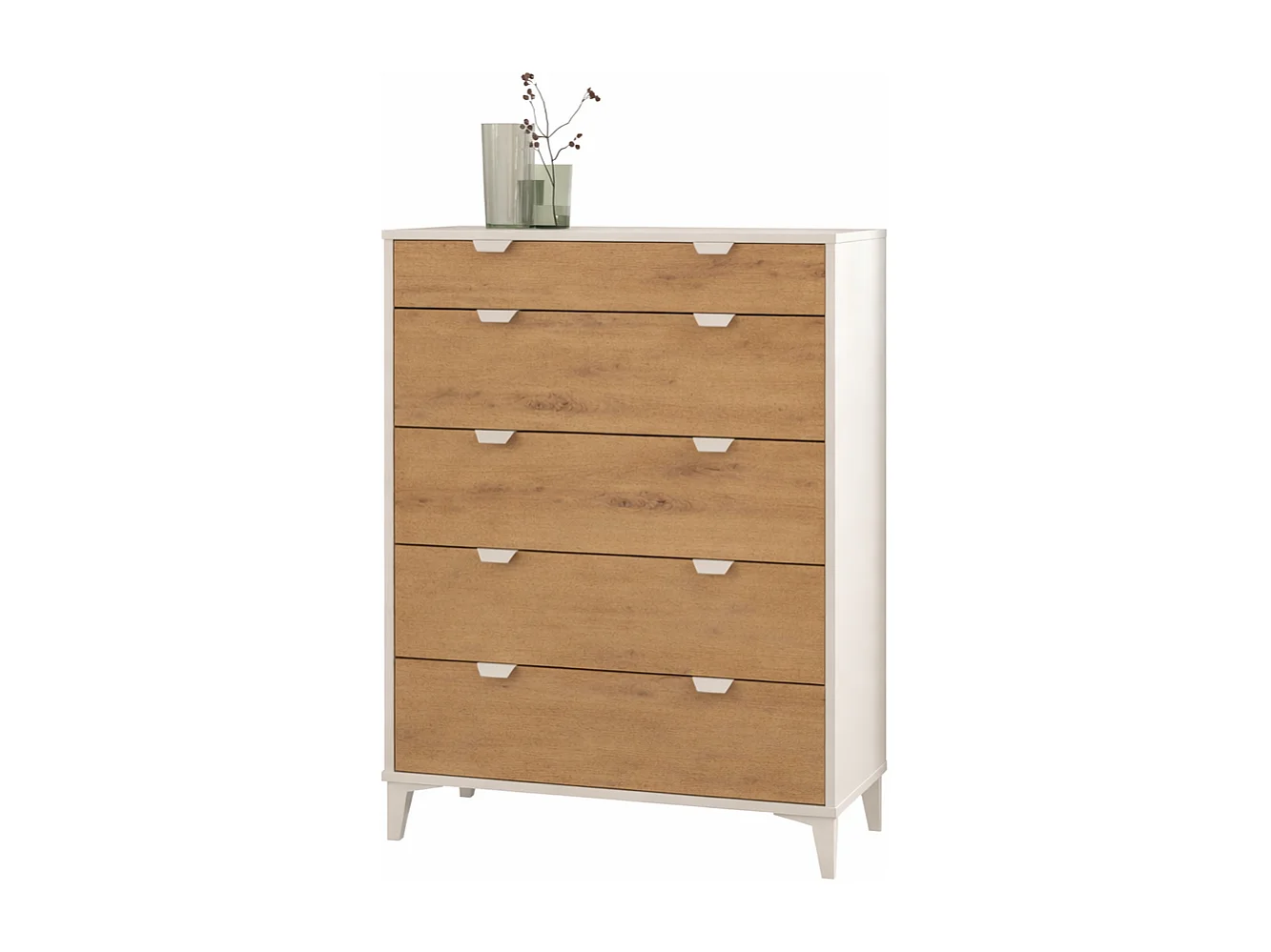 Commode Chiffonnier Meuble de rangement avec 5 tiroirs coloris Blanc/chêne Albar - Hauteur 110 x Longueur 80 x profondeur 48 cm