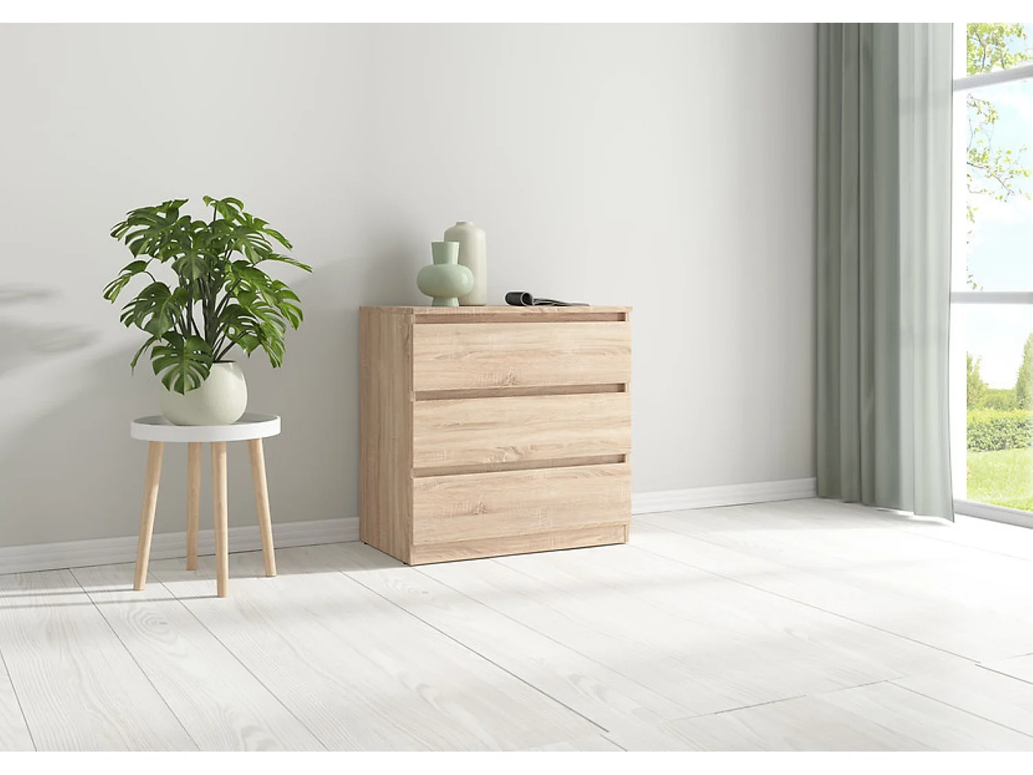Commode à 3 tiroirs meuble de rangement , coloris chêne Sonoma - Longueur 75 x Profondeur 45 x Hauteur 75,5 cm
