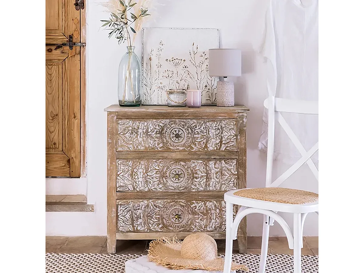 Commode 3 tiroirs en bois de manguier marron - Longueur 79,5 x Profondeur 40 x Hauteur 80,5 cm