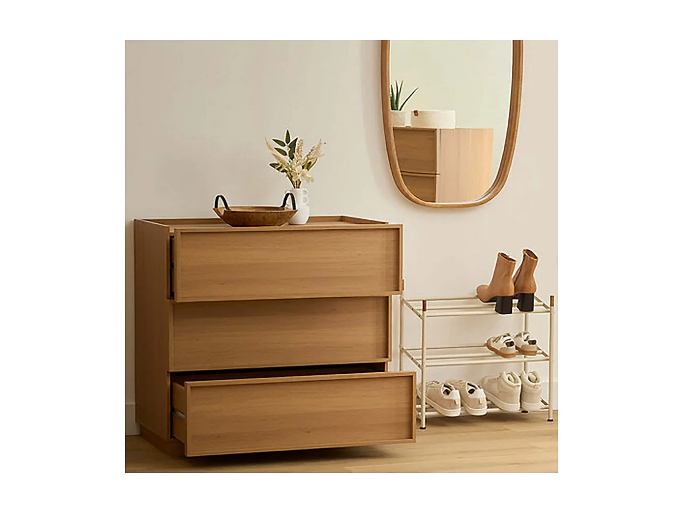 Commode meuble de rangement à 3 tiroirs, coloris marron - Longueur 80 x Profondeur 48 x Hauteur 78 cm