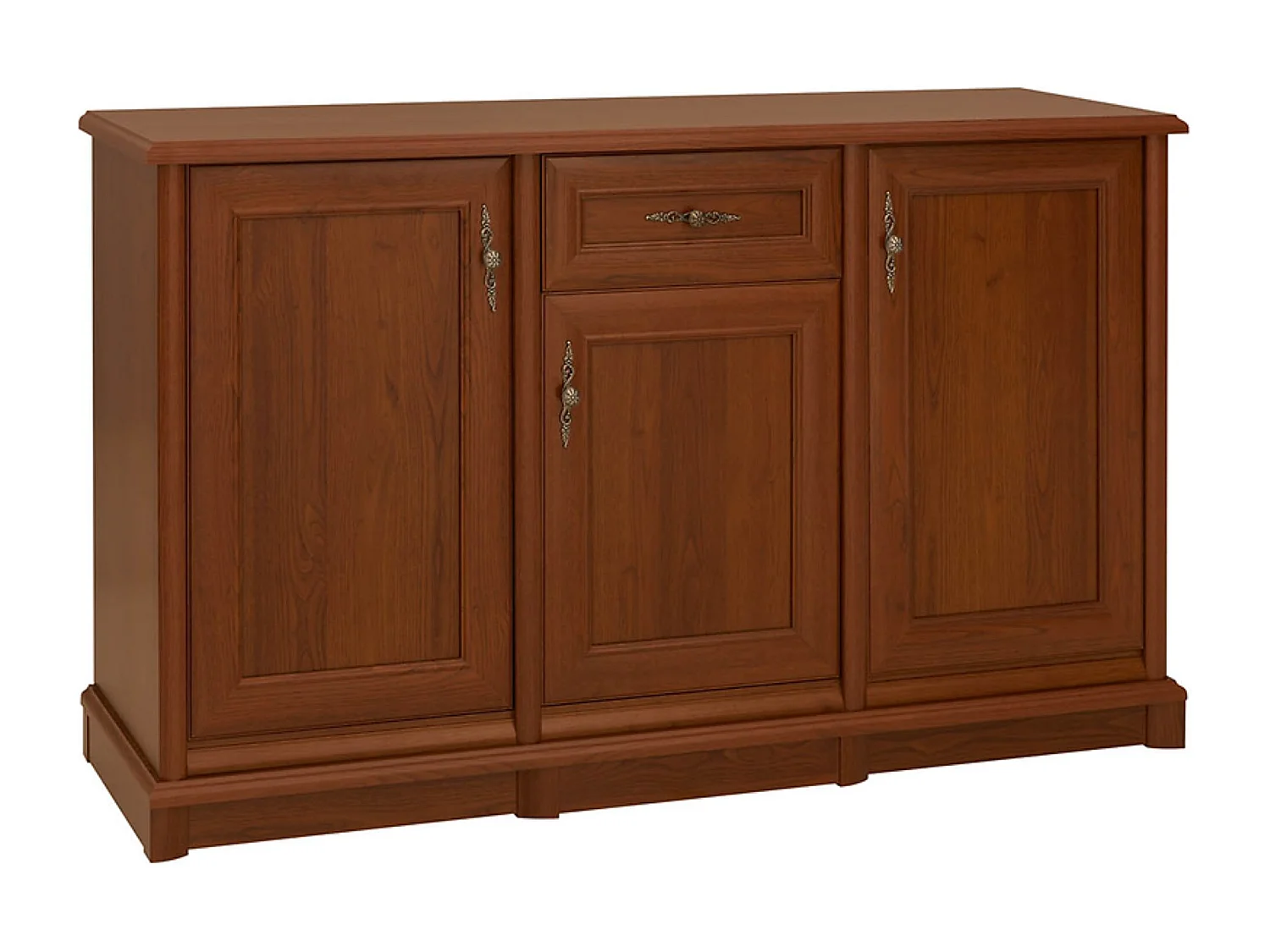 Commode buffet meuble de rangement à 3 portes et 1 tiroir, couleur châtaigne - Longueur 153,5 x Profondeur 45 x Hauteur 90,5 cm