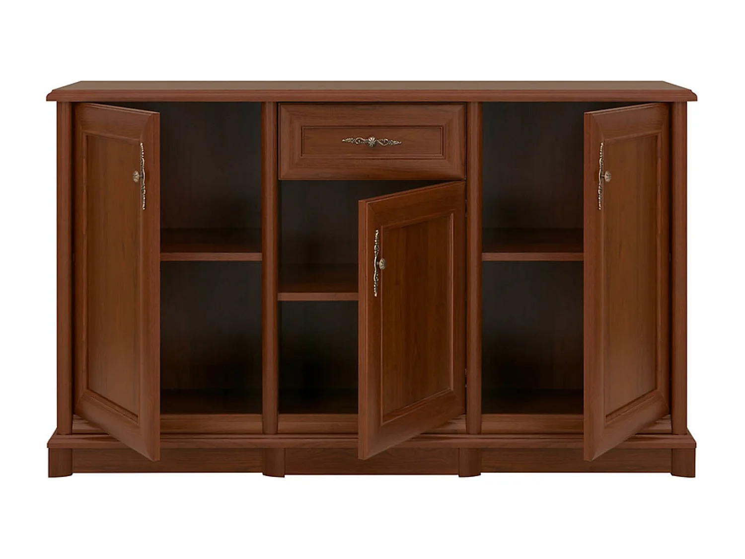 Commode buffet meuble de rangement à 3 portes et 1 tiroir, couleur châtaigne - Longueur 153,5 x Profondeur 45 x Hauteur 90,5 cm