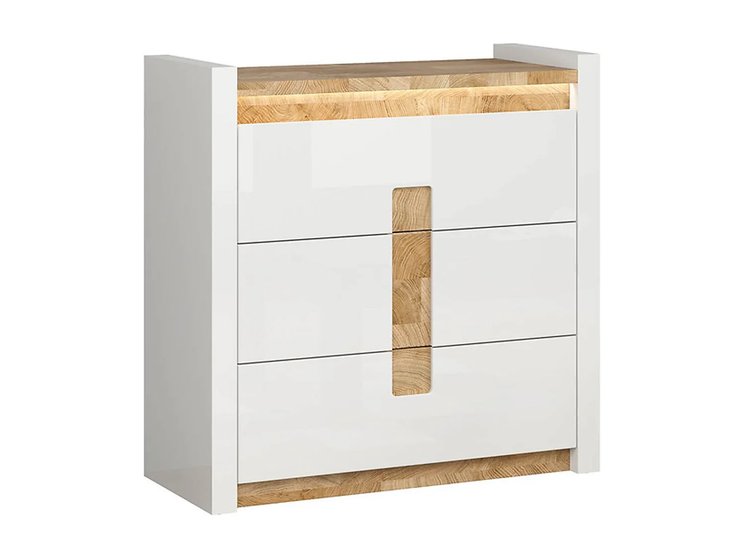 Commode à 3 tiroirs meuble de rangement avec éclairage LED, coloris Blanc brillant/Chêne clair - Longueur 97 x Profondeur 41 x Hauteur 96,5 cm