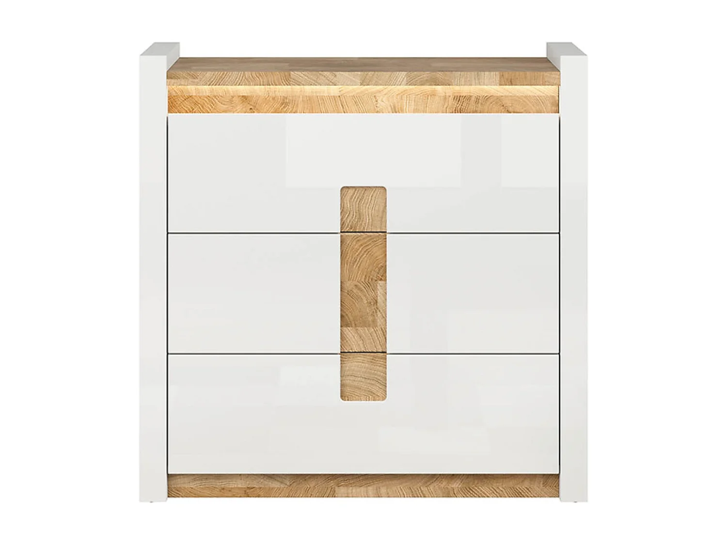 Commode à 3 tiroirs meuble de rangement avec éclairage LED, coloris Blanc brillant/Chêne clair - Longueur 97 x Profondeur 41 x Hauteur 96,5 cm
