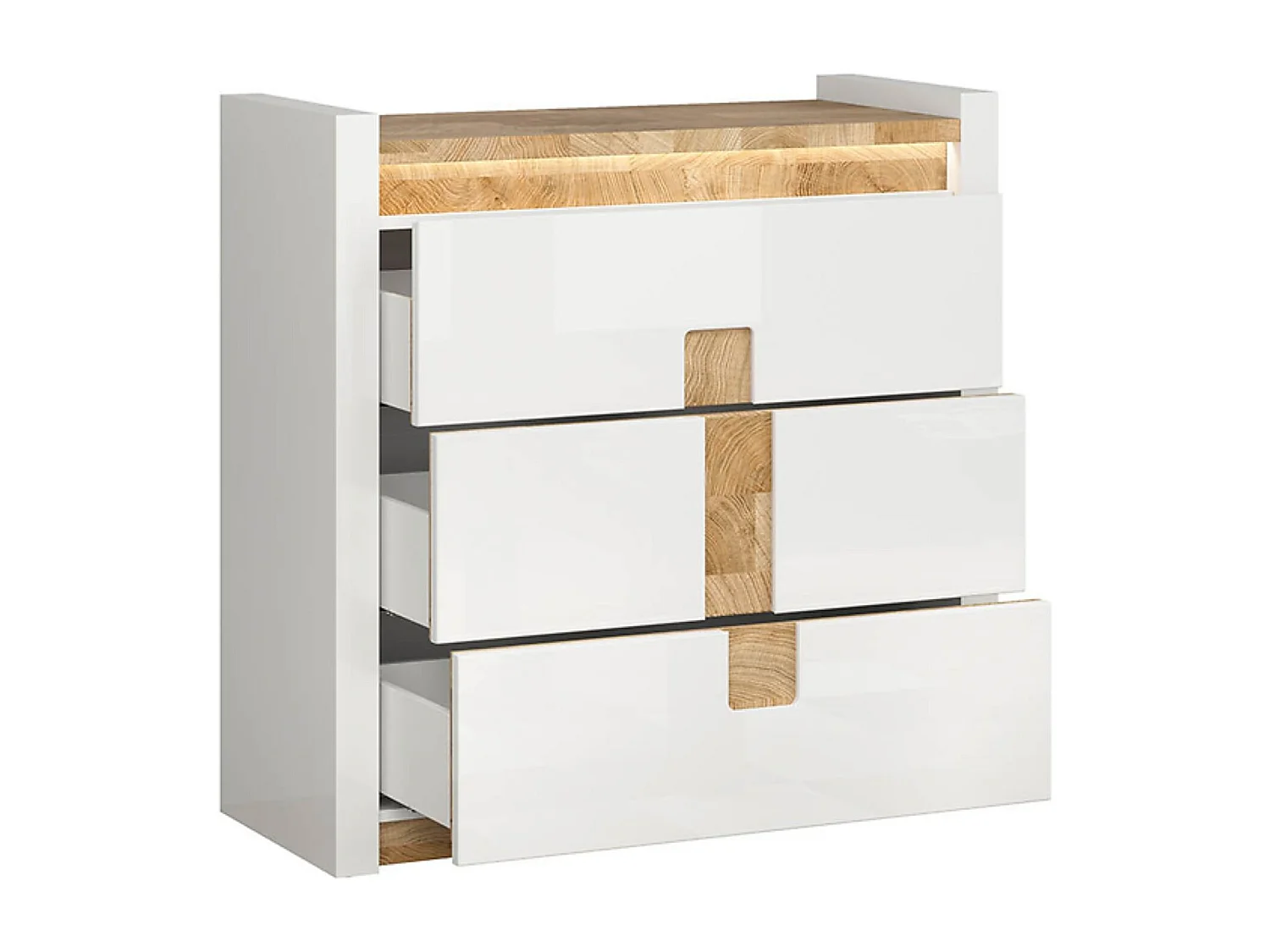 Commode à 3 tiroirs meuble de rangement avec éclairage LED, coloris Blanc brillant/Chêne clair - Longueur 97 x Profondeur 41 x Hauteur 96,5 cm