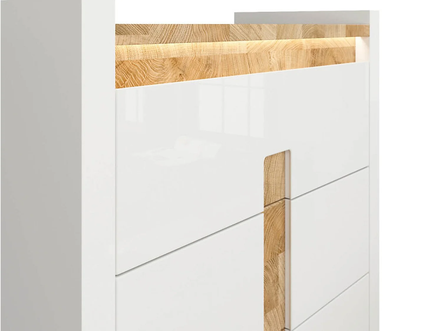 Commode à 3 tiroirs meuble de rangement avec éclairage LED, coloris Blanc brillant/Chêne clair - Longueur 97 x Profondeur 41 x Hauteur 96,5 cm