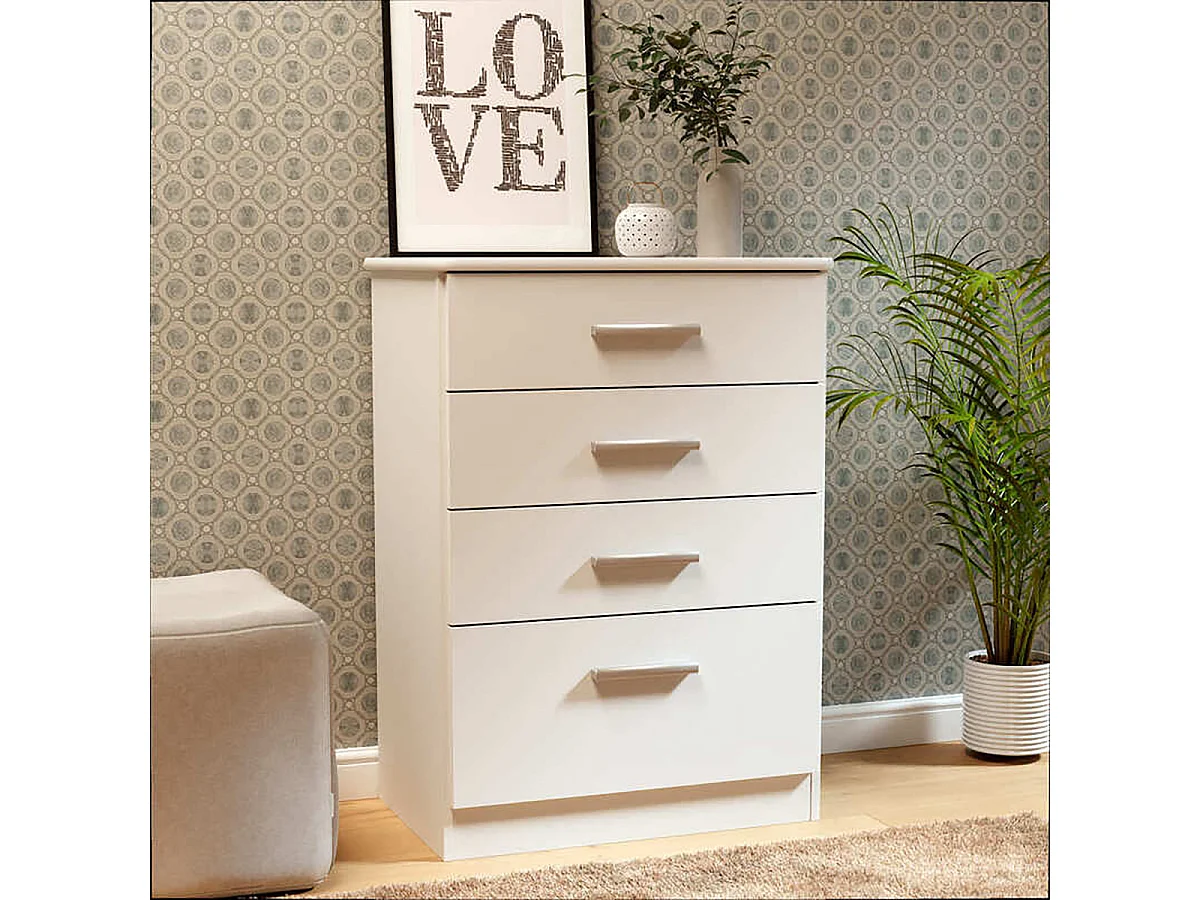 Commode chiffonnier meuble de rangement à 4 tiroirs coloris blanc neige - Longueur 61 x Hauteur 86 x Profondeur 38 cm