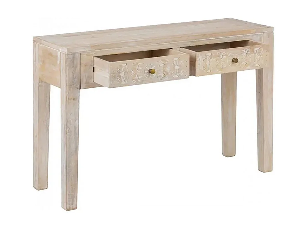 Table console 2 tiroirs avec une finition effet blanchi et des motifs sculptés - Longueur 120 x Profondeur 40 x Hauteur 80 cm