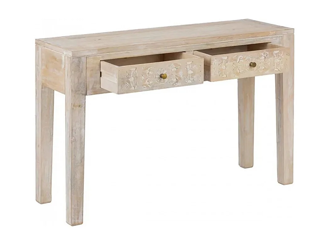 Table console 2 tiroirs avec une finition effet blanchi et des motifs sculptés - Longueur 120 x Profondeur 40 x Hauteur 80 cm