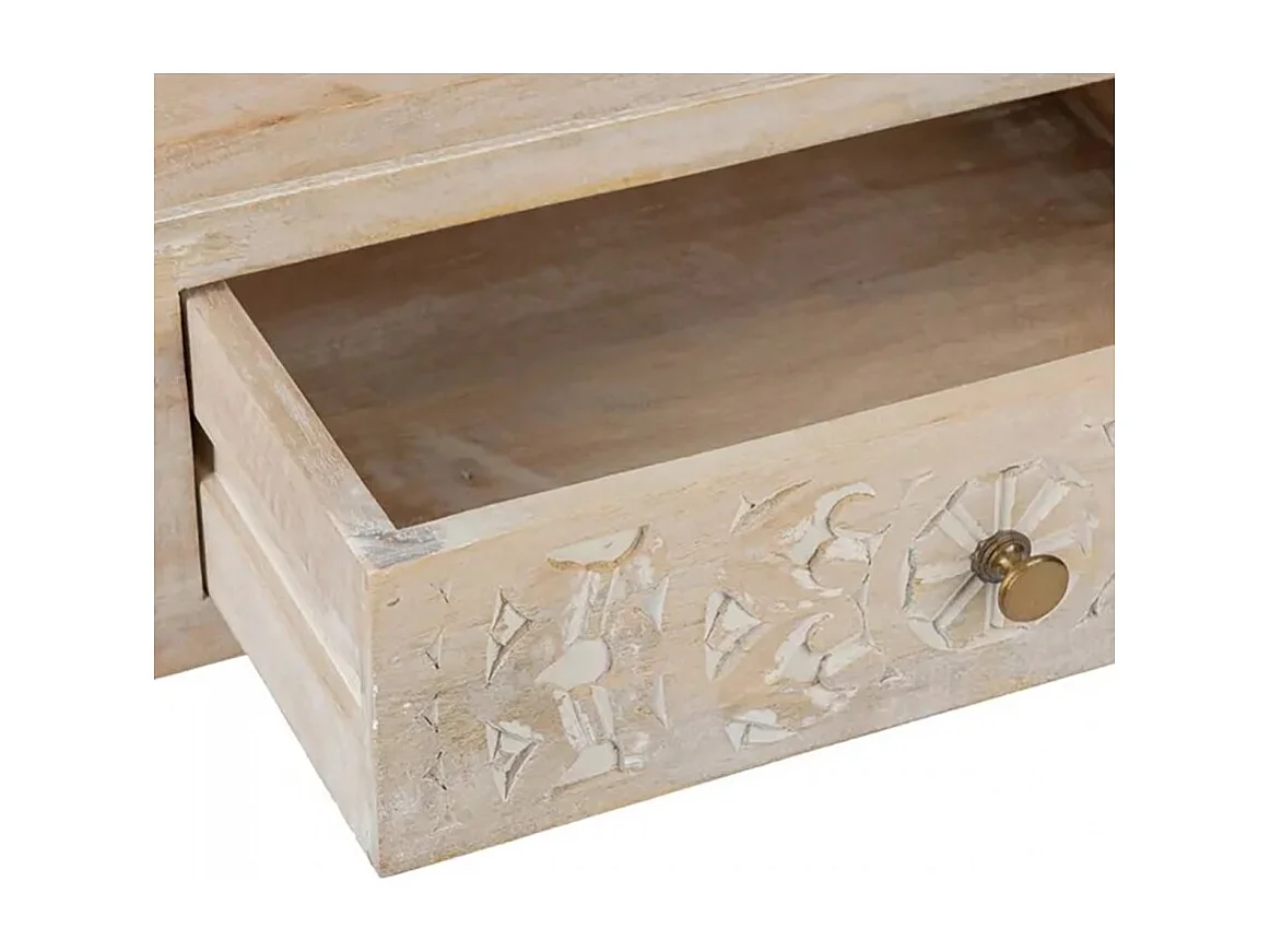Table console 2 tiroirs avec une finition effet blanchi et des motifs sculptés - Longueur 120 x Profondeur 40 x Hauteur 80 cm