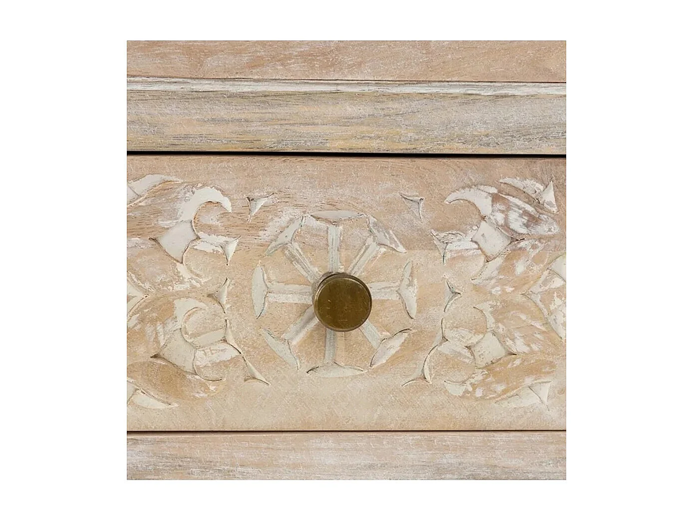 Table console 2 tiroirs avec une finition effet blanchi et des motifs sculptés - Longueur 120 x Profondeur 40 x Hauteur 80 cm