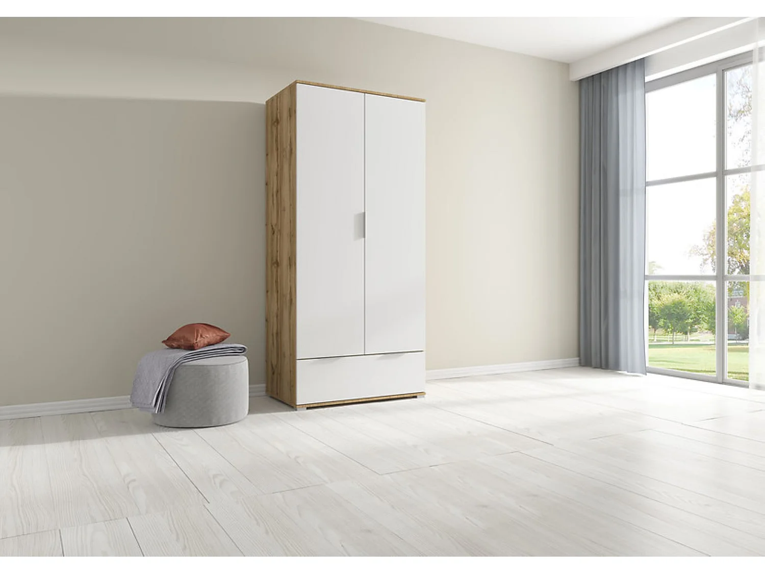 Armoire Placard de rangement à 2 portes avec tiroir,coloris Chêne wotan/Blanc brillant - Longueur 56,5 x Profondeur 31 x Hauteur 195 cm