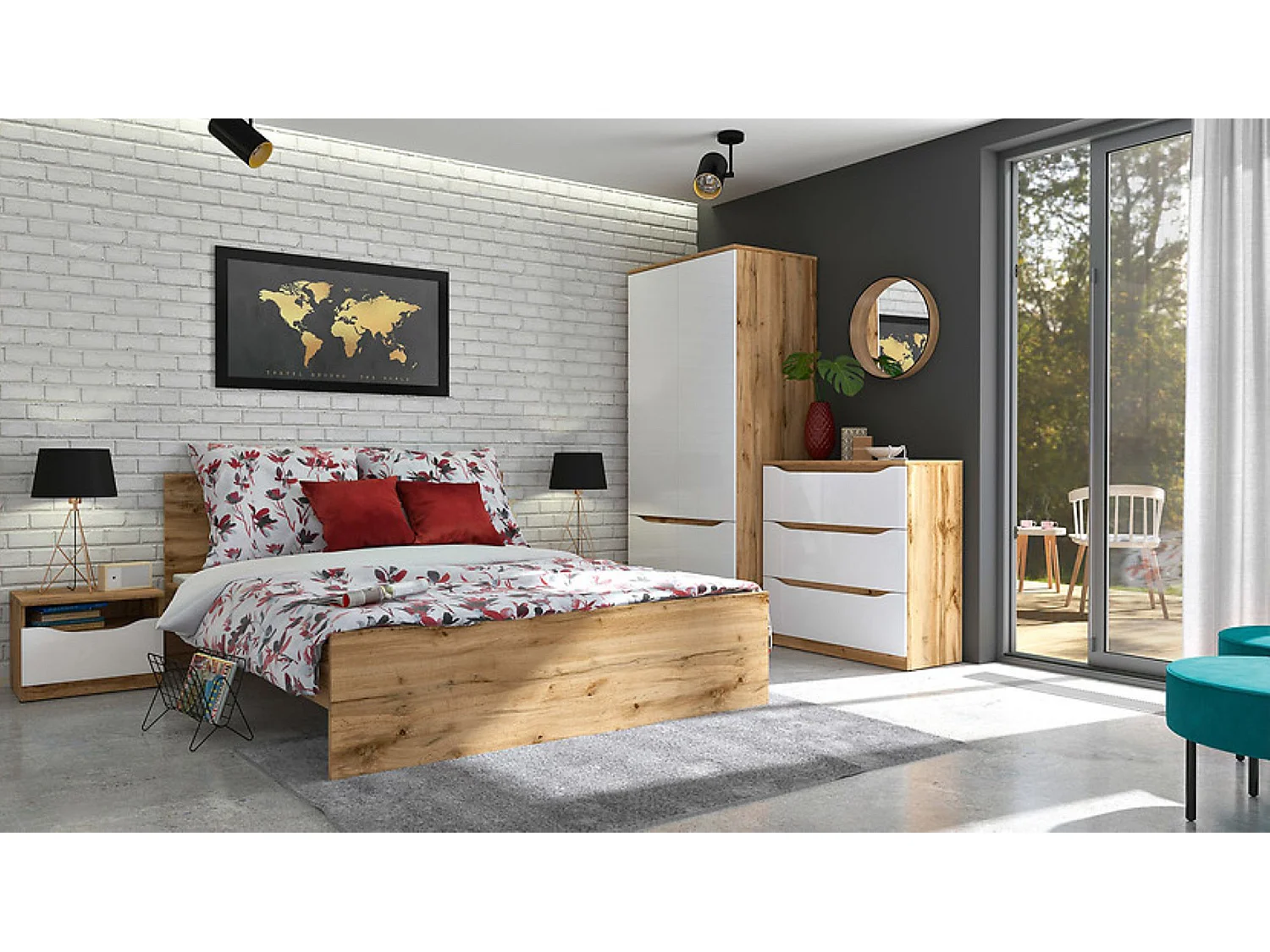 Armoire Placard meuble de rangement à 4 portes,coloris Chêne wotan/Blanc brillant - Longueur 90 x Profondeur 58 x Hauteur 197,5 cm