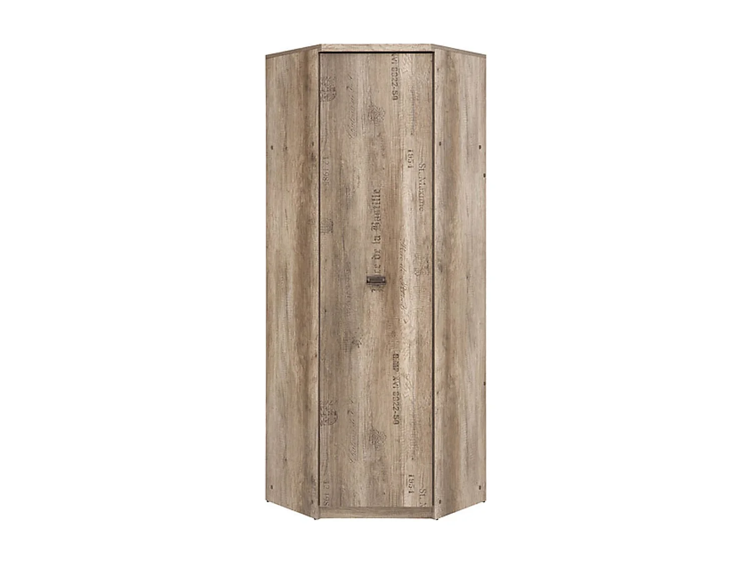 Placard armoire d'angle avec 1 porte coloris Chêne/Gris motif écriture - Longueur 74,5 x Largeur 74,5 x Hauteur 205,5 cm