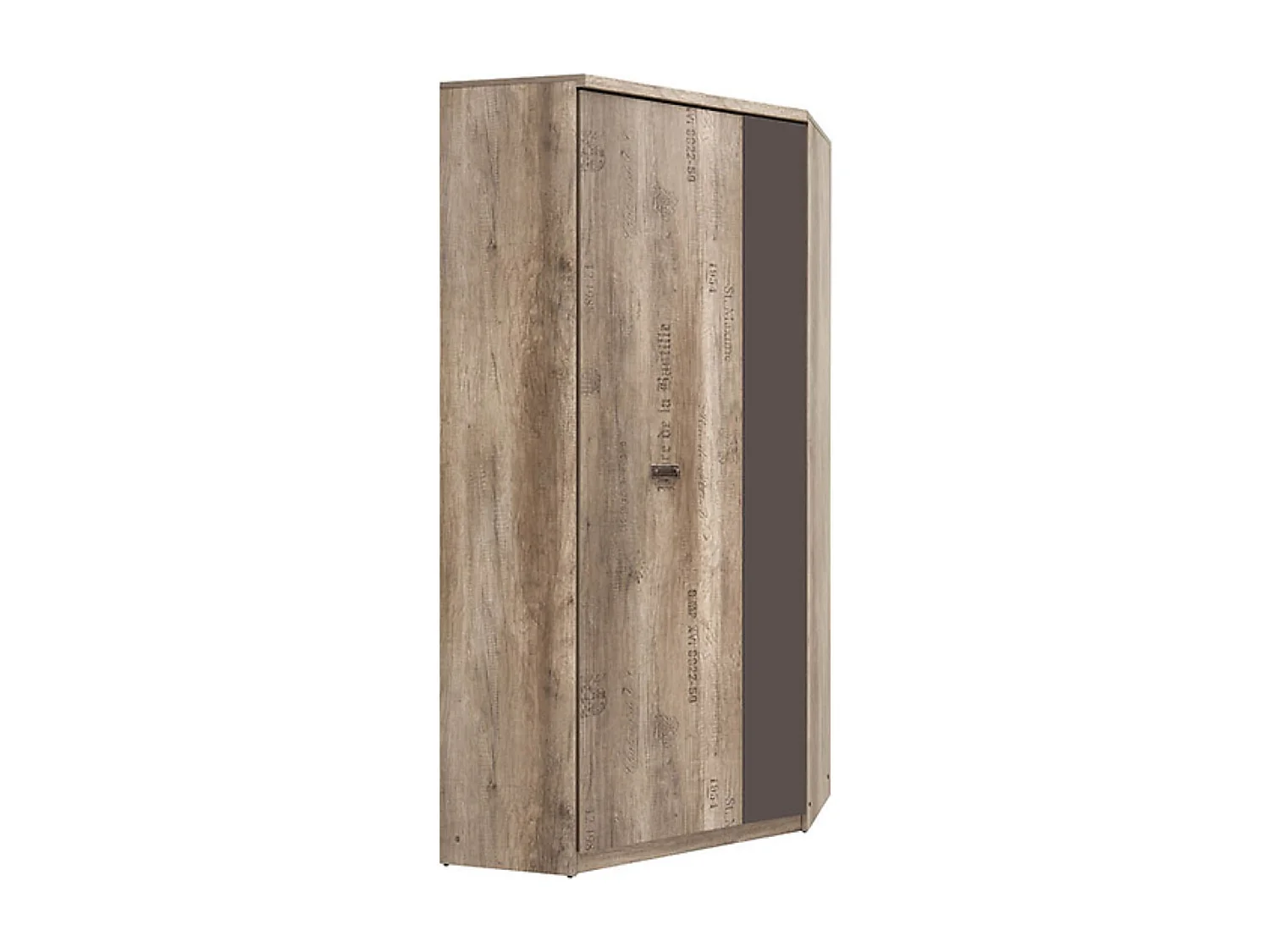 Placard armoire d'angle avec 1 porte coloris Chêne/Gris motif écriture - Longueur 96 x Largeur 96 x Hauteur 205,5 cm