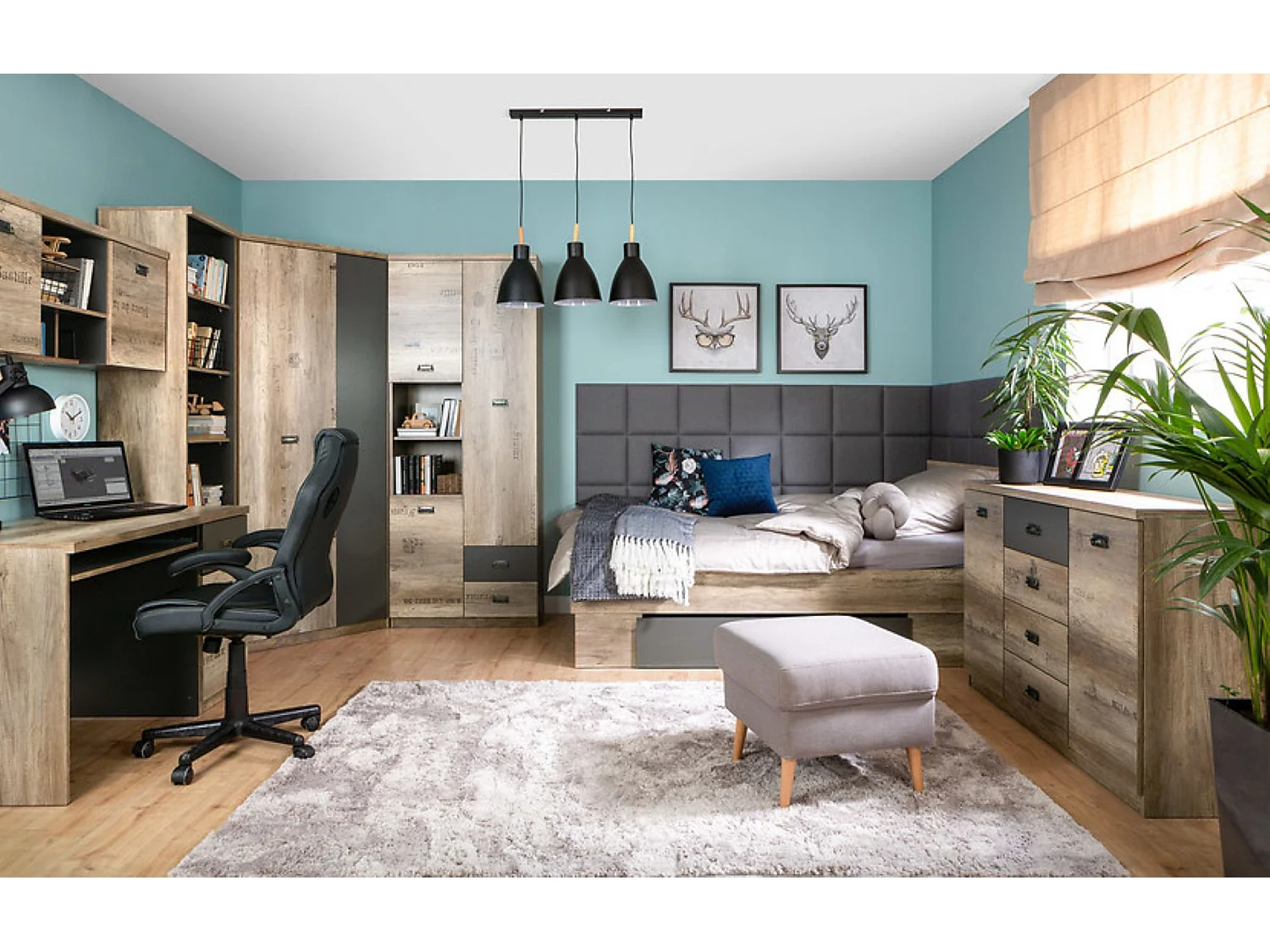 Placard armoire d'angle avec 1 porte coloris Chêne/Gris motif écriture - Longueur 96 x Largeur 96 x Hauteur 205,5 cm