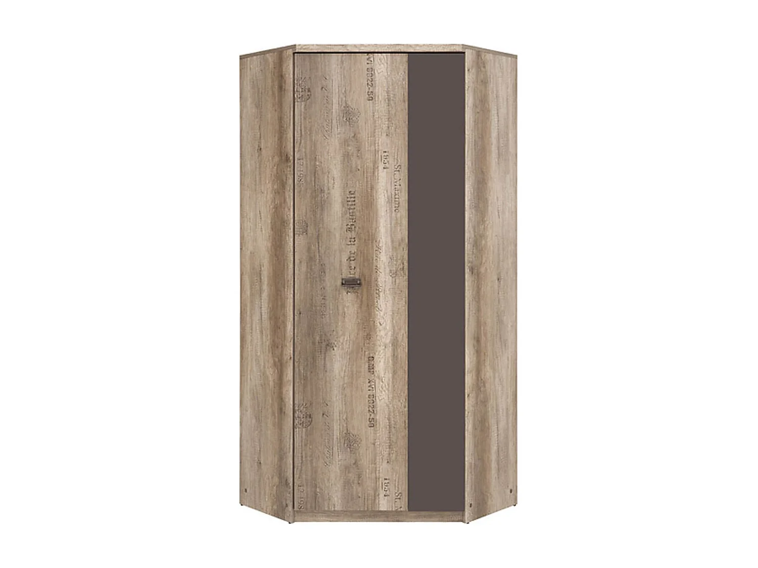 Placard armoire d'angle avec 1 porte coloris Chêne/Gris motif écriture - Longueur 96 x Largeur 96 x Hauteur 205,5 cm