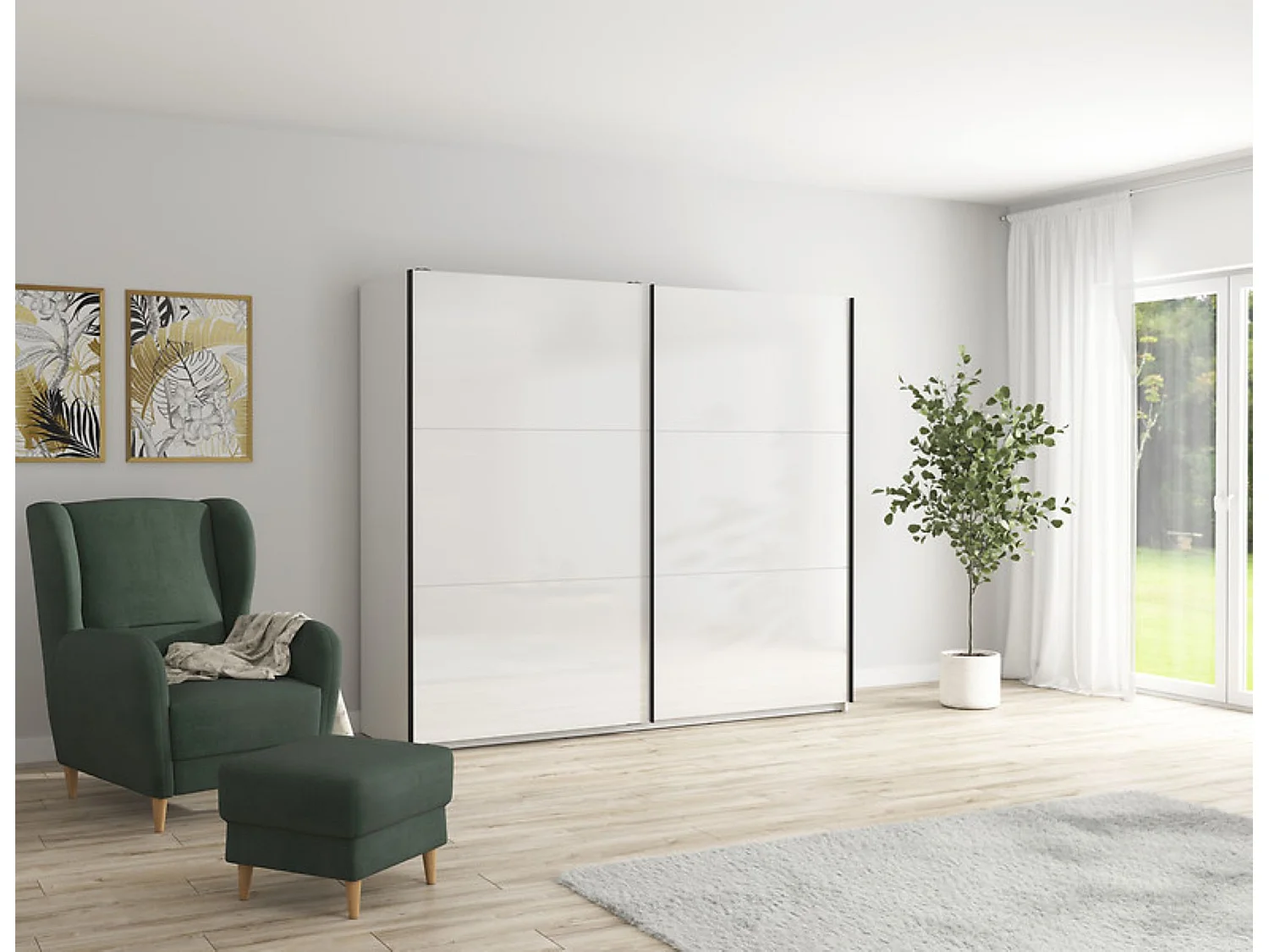 Armoire à 2 portes coulissante coloris Blanc brillant - Longueur 220 x Profondeur 60 x Hauteur 195,5 cm