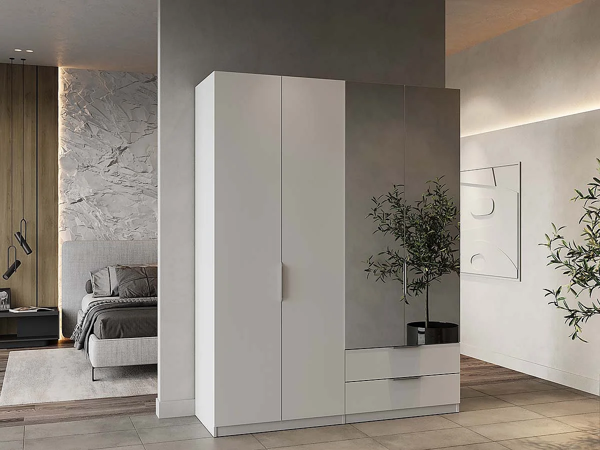 Armoire 4 portes dont 2 avec miroir 2 tiroirs couleur blanc mat - Largeur 157,3 x Profondeur 51,1 x Hauteur 203 cm