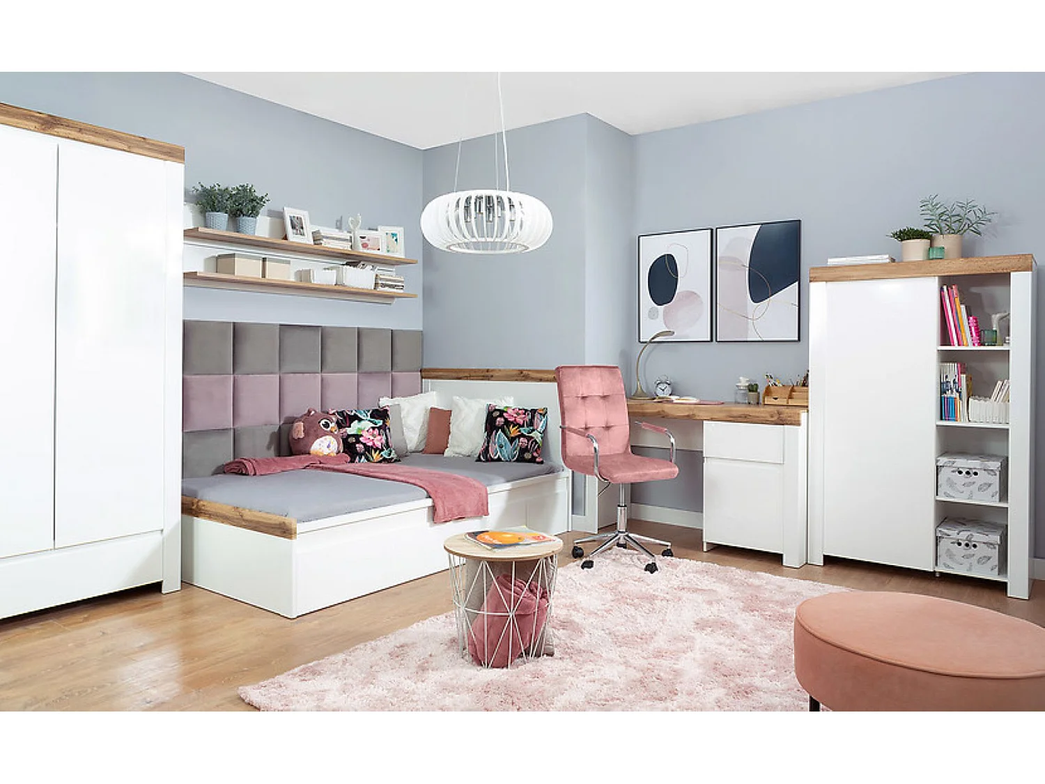Armoire placard de rangement à 2 portes avec tiroir,coloris Blanc/Chêne wotan - Longueur 106 x Profondeur 56,5 x Hauteur 203,5 cm