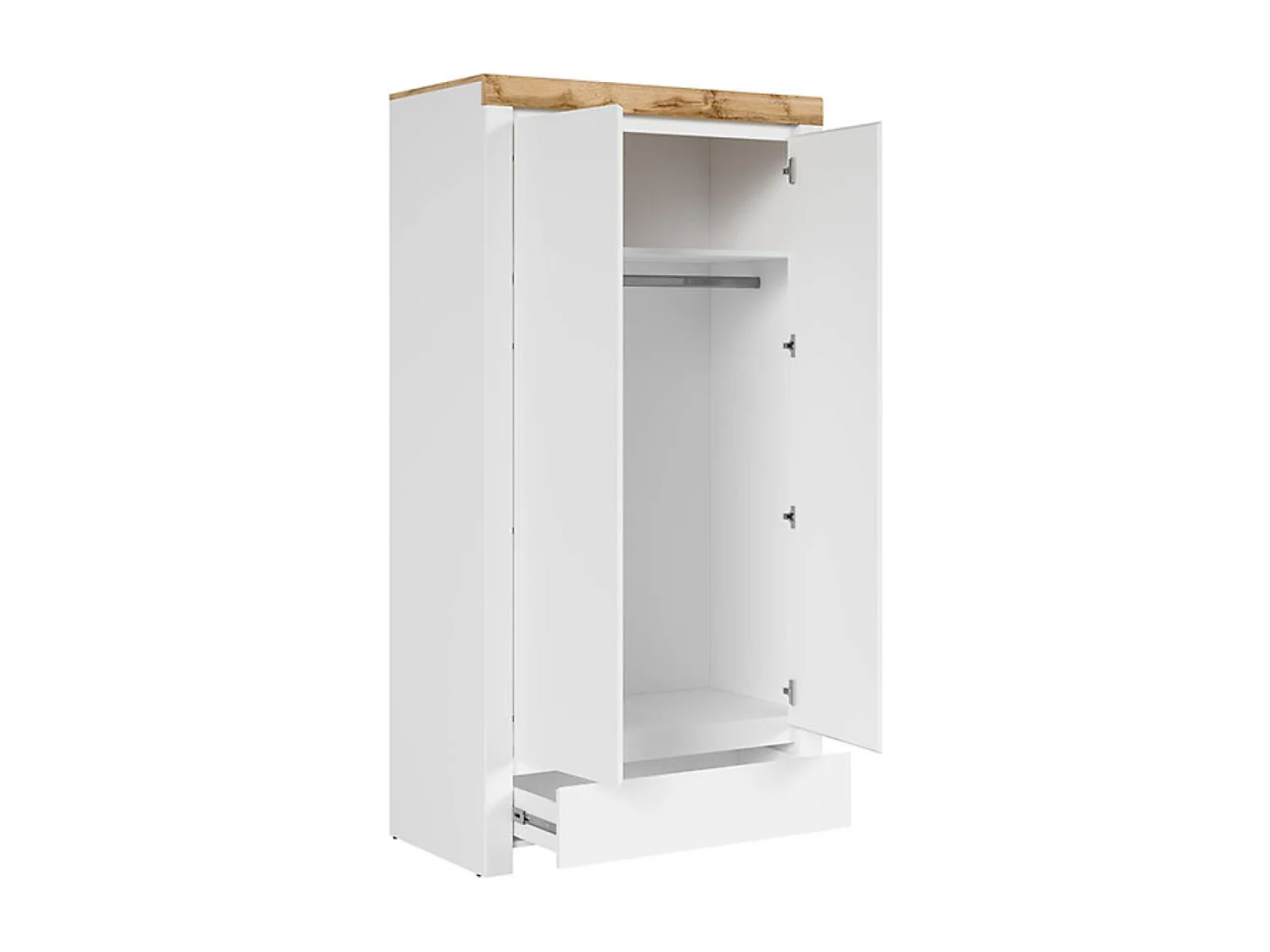 Armoire placard de rangement à 2 portes avec tiroir,coloris Blanc/Chêne wotan - Longueur 106 x Profondeur 56,5 x Hauteur 203,5 cm